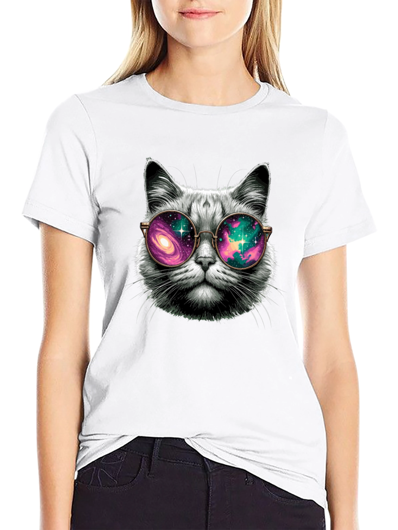 Black Cool Cat Galaxy Glasses T-Shirt view 9