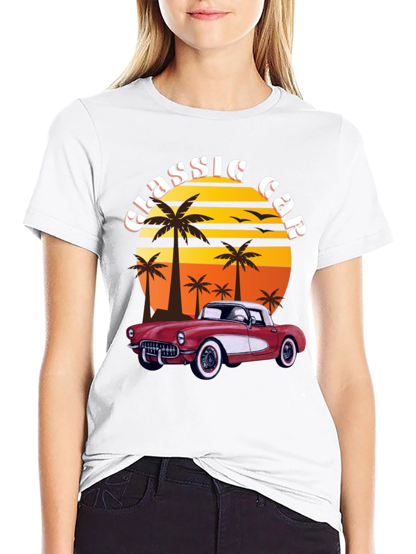 Black Classic Car T-Shirt - Retro Sunset Design view 9