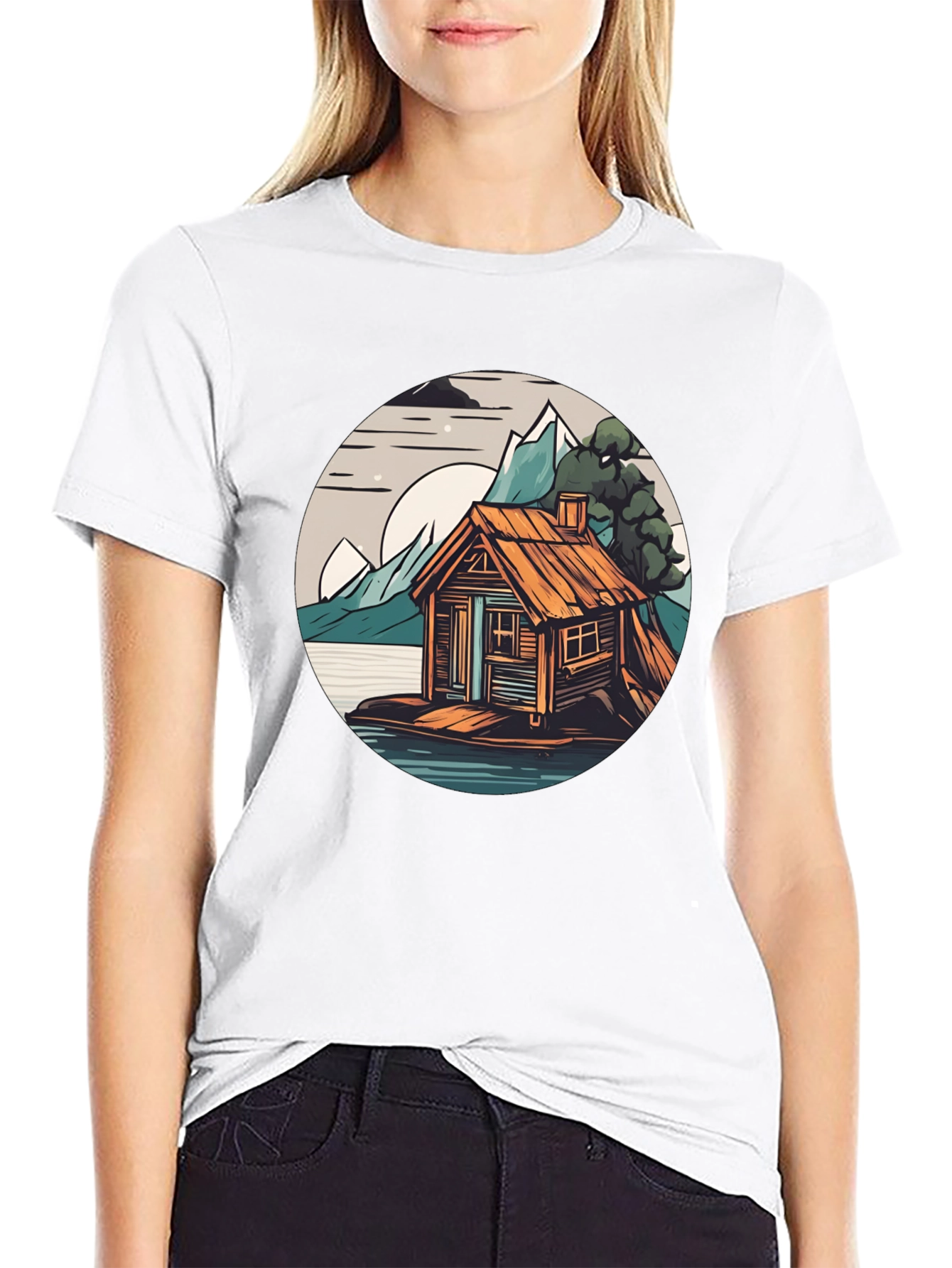 Black Cabin Lake Tee: Nature Graphic Shirt view 9