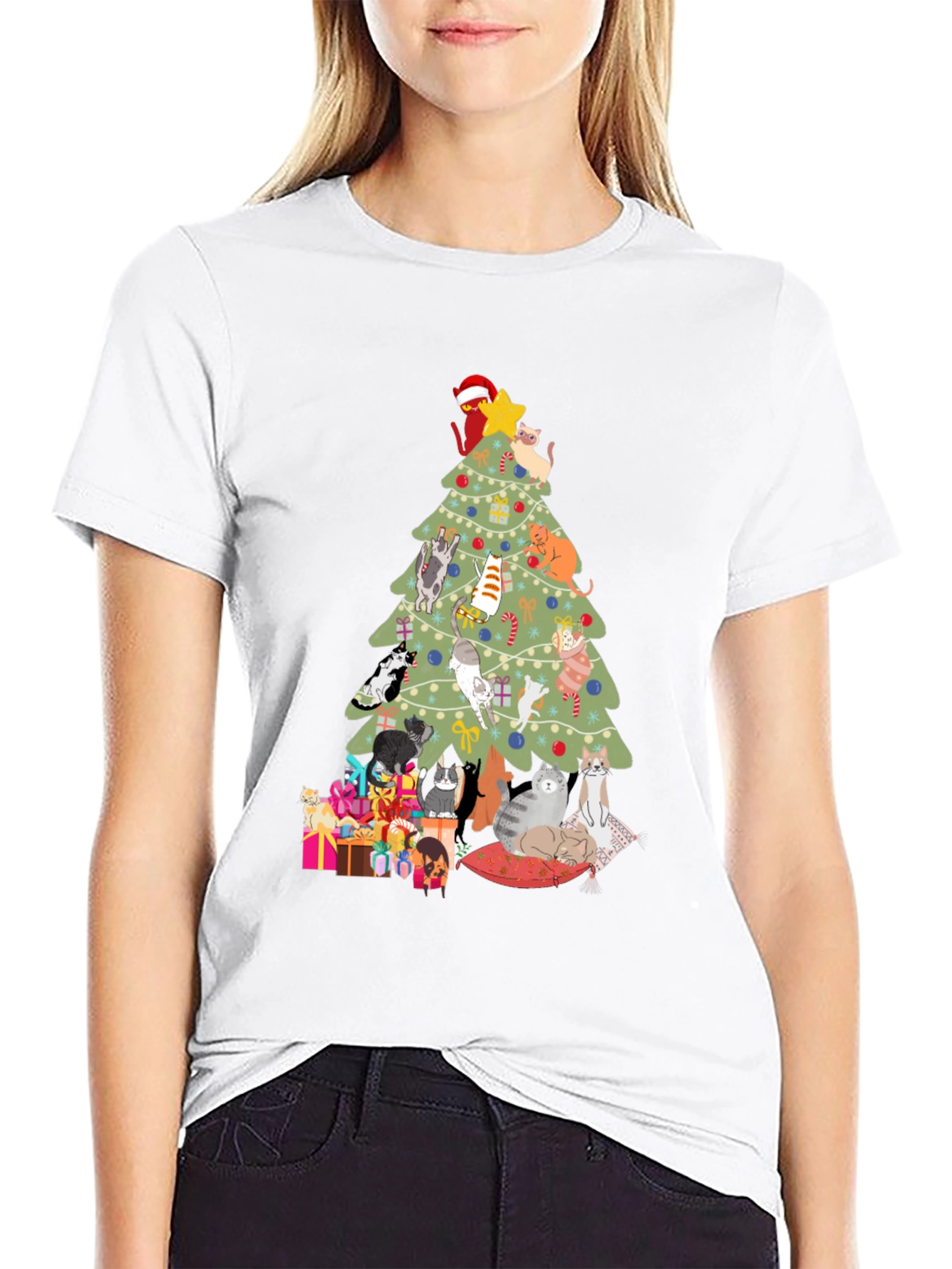 Black Cat Christmas Tree T-Shirt Holiday Tee view 9