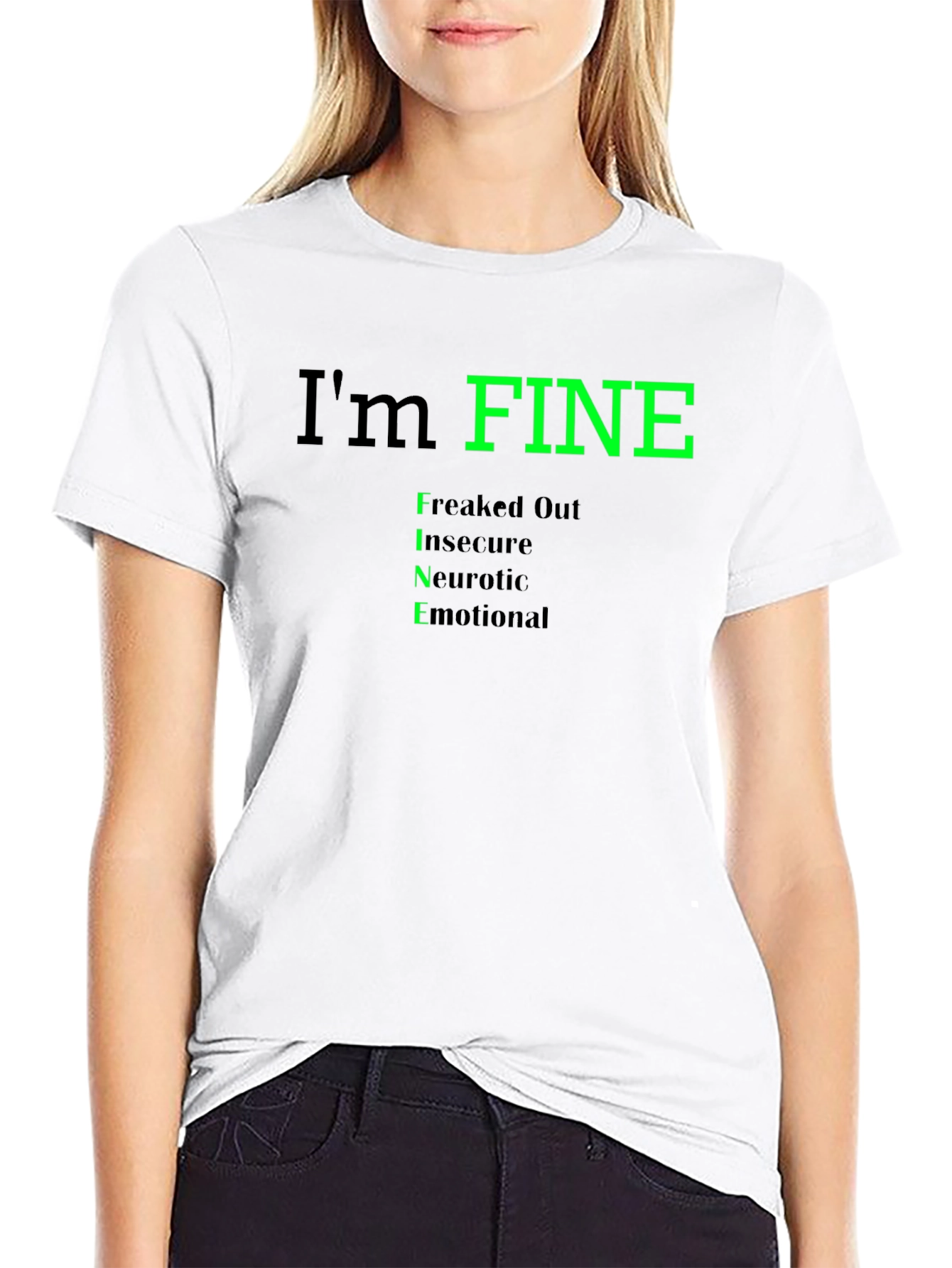 Black I'm Fine Funny Graphic T-Shirt - Freaked Out Insecure Neurotic Emotional view 9
