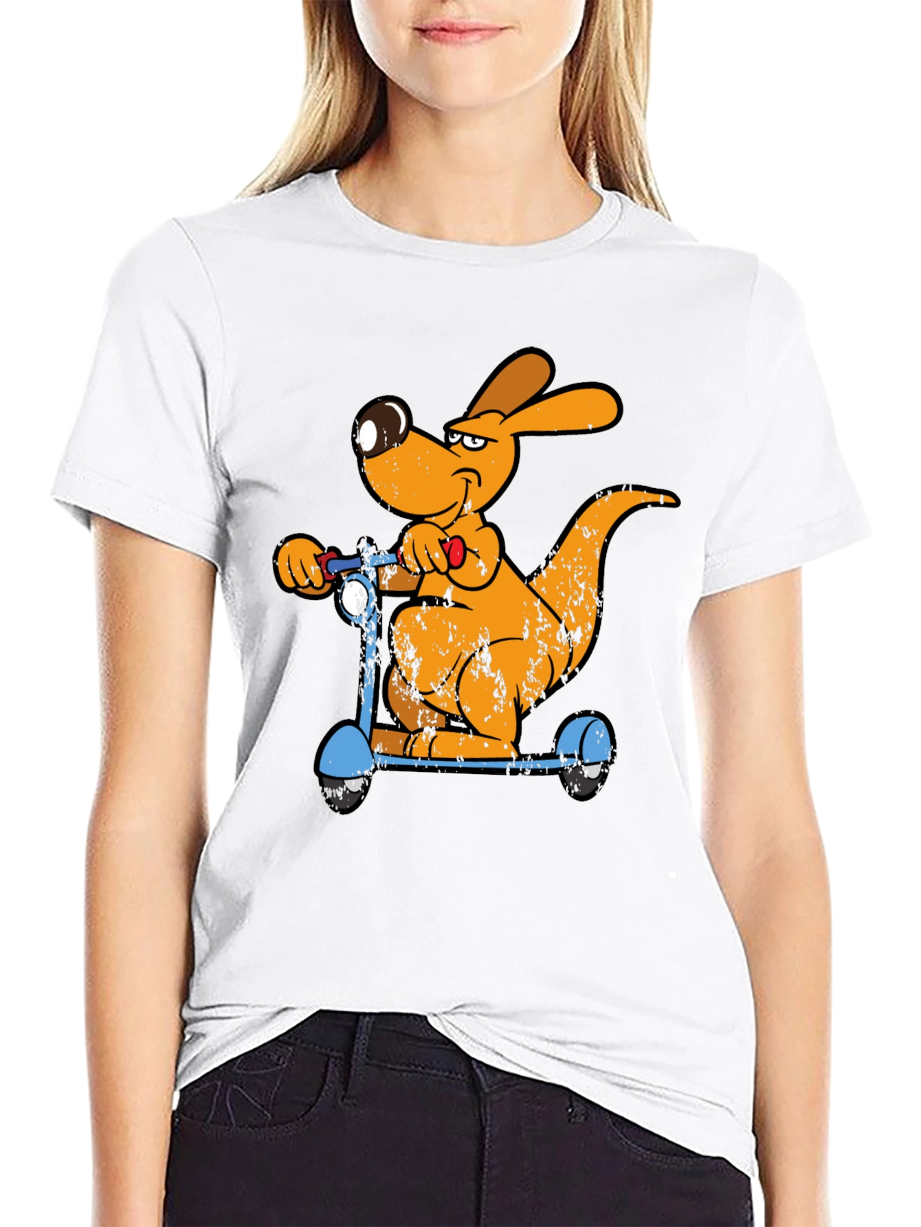 Black Cartoon Kangaroo Scooter Graphic Tee - Cool Black T-Shirt view 9