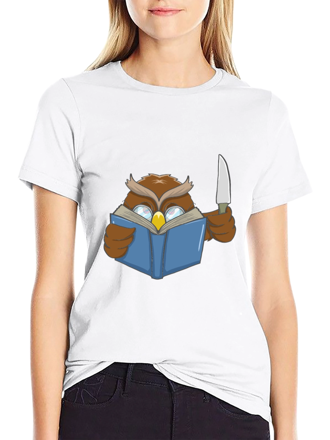 Black Owl Reading Book With Knife T-Shirt view 9