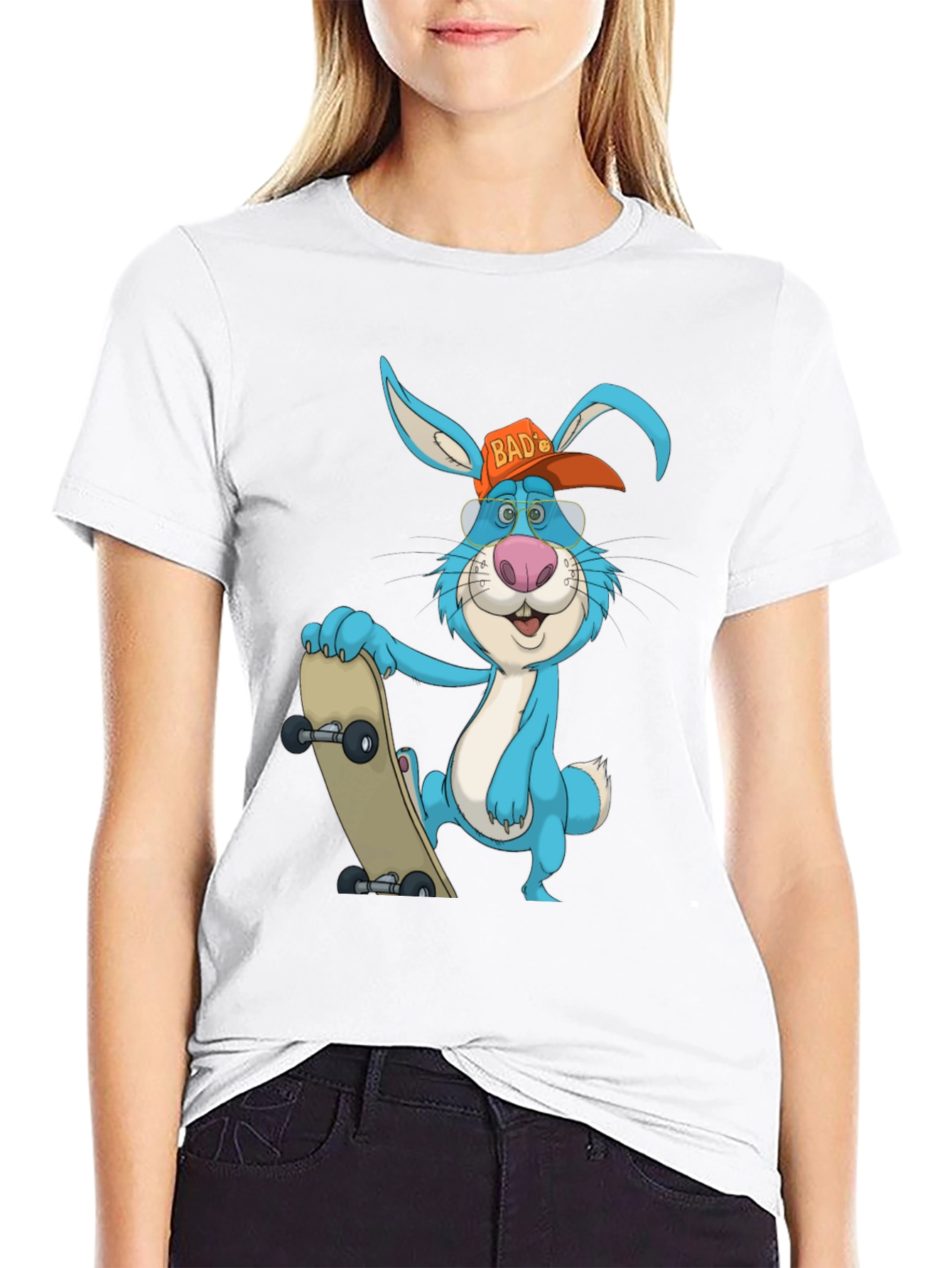 Black Cool Rabbit Skateboarder Graphic T-Shirt view 9