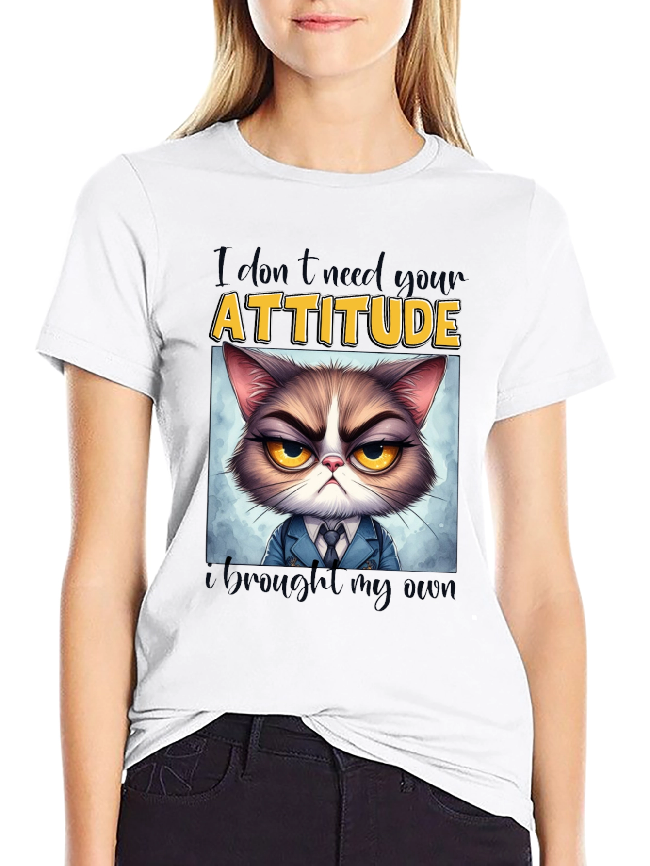 Black Grumpy Cat Attitude T-Shirt - Funny Graphic Tee view 9