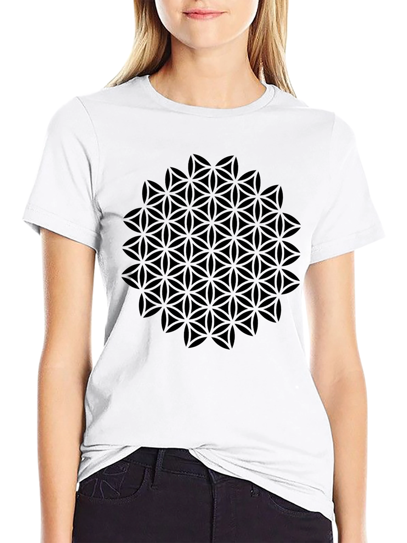 Black Geometric Flower of Life Black T-Shirt view 9