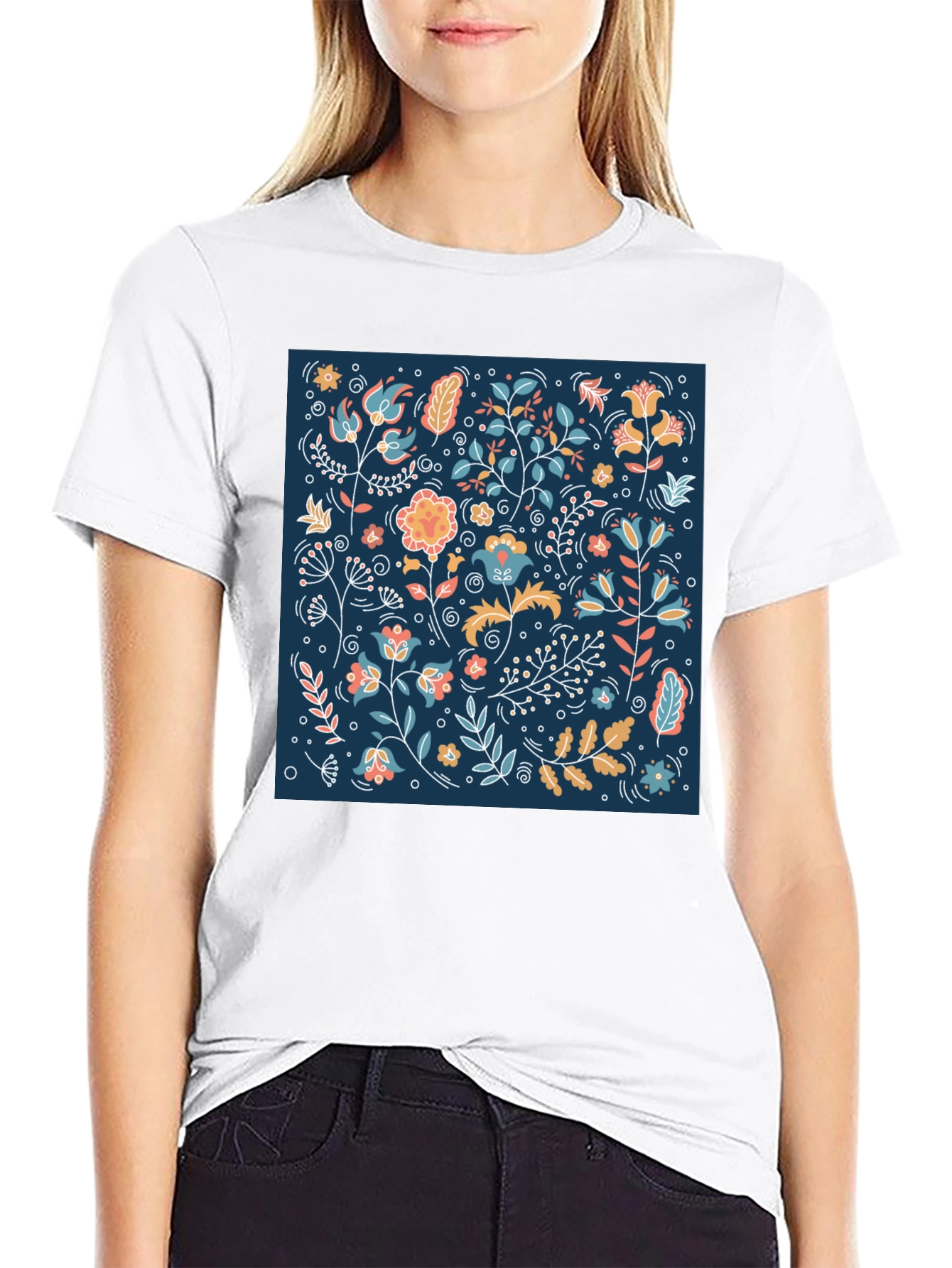 Black Floral Pattern Black T-Shirt view 9