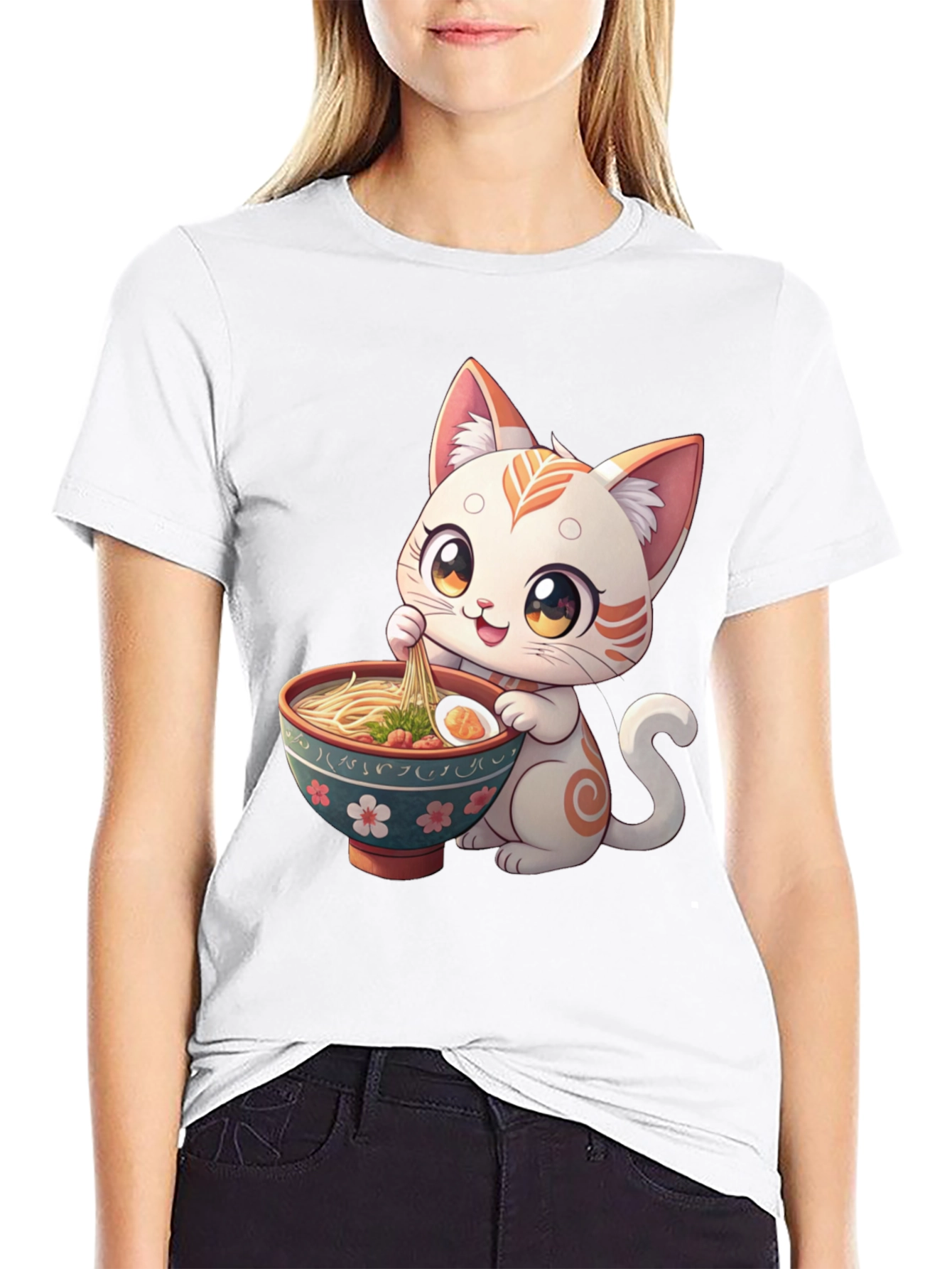 Black Cute Cat Ramen T-Shirt - Kawaii Kitten Eating Noodles Tee view 9