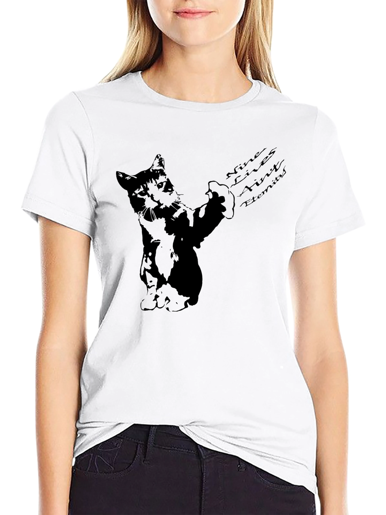 Black Nine Lives Cat Graphic T-Shirt view 9