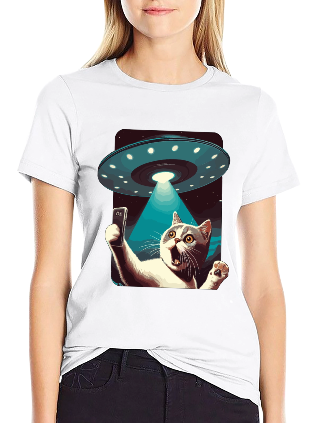 Black Alien Abduction Cat Selfie T-Shirt view 9