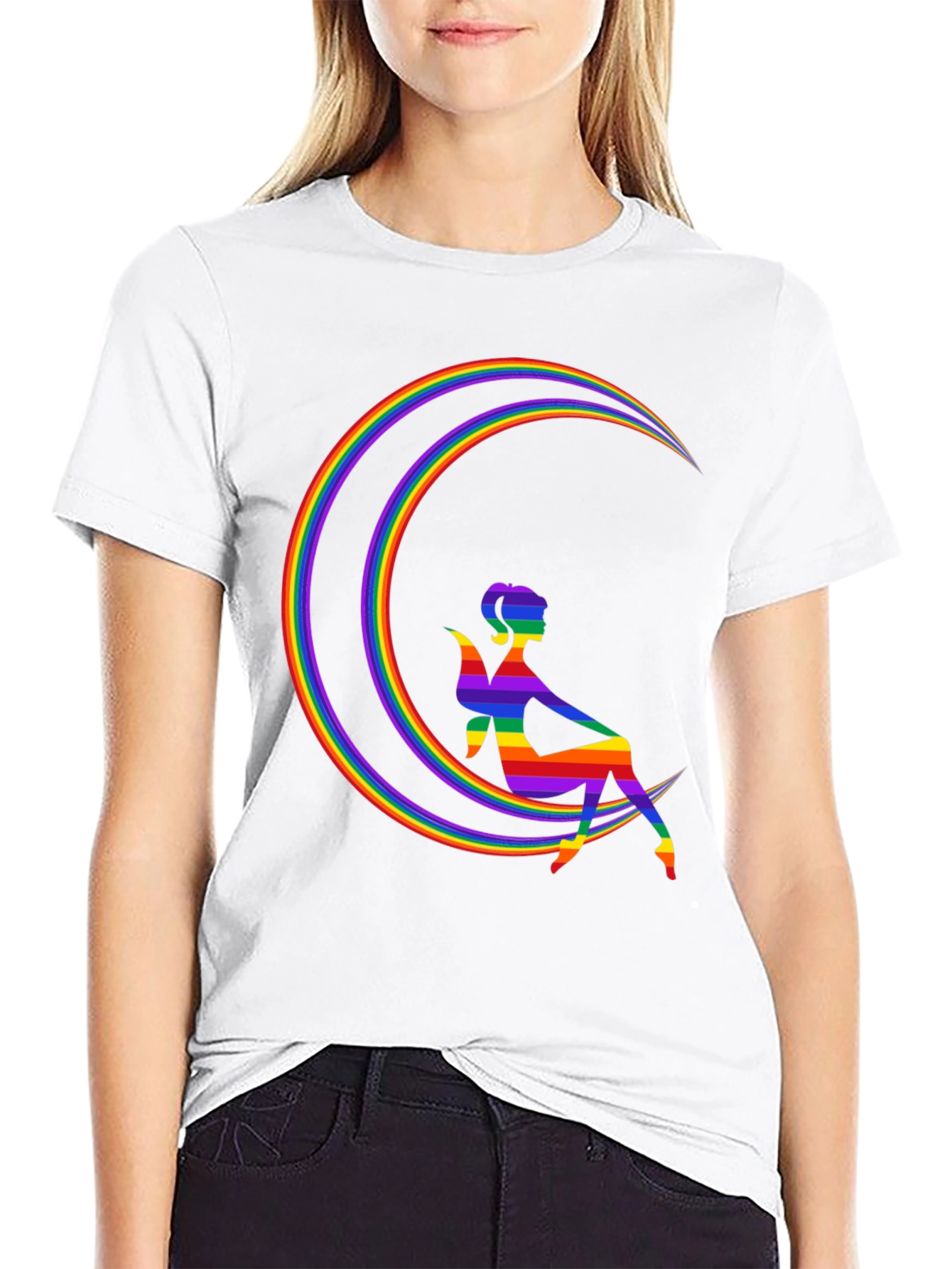 Black Rainbow Fairy on Moon Graphic Tee view 9
