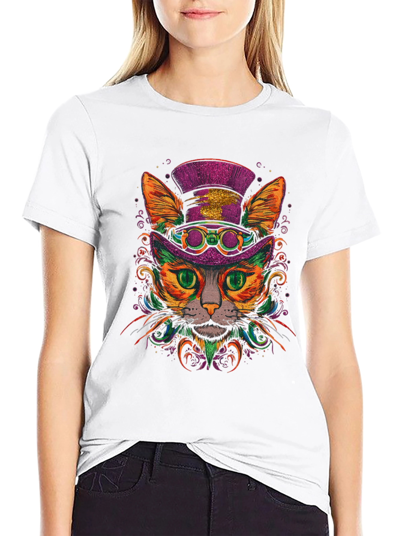Black Steampunk Cat Graphic Tee view 9