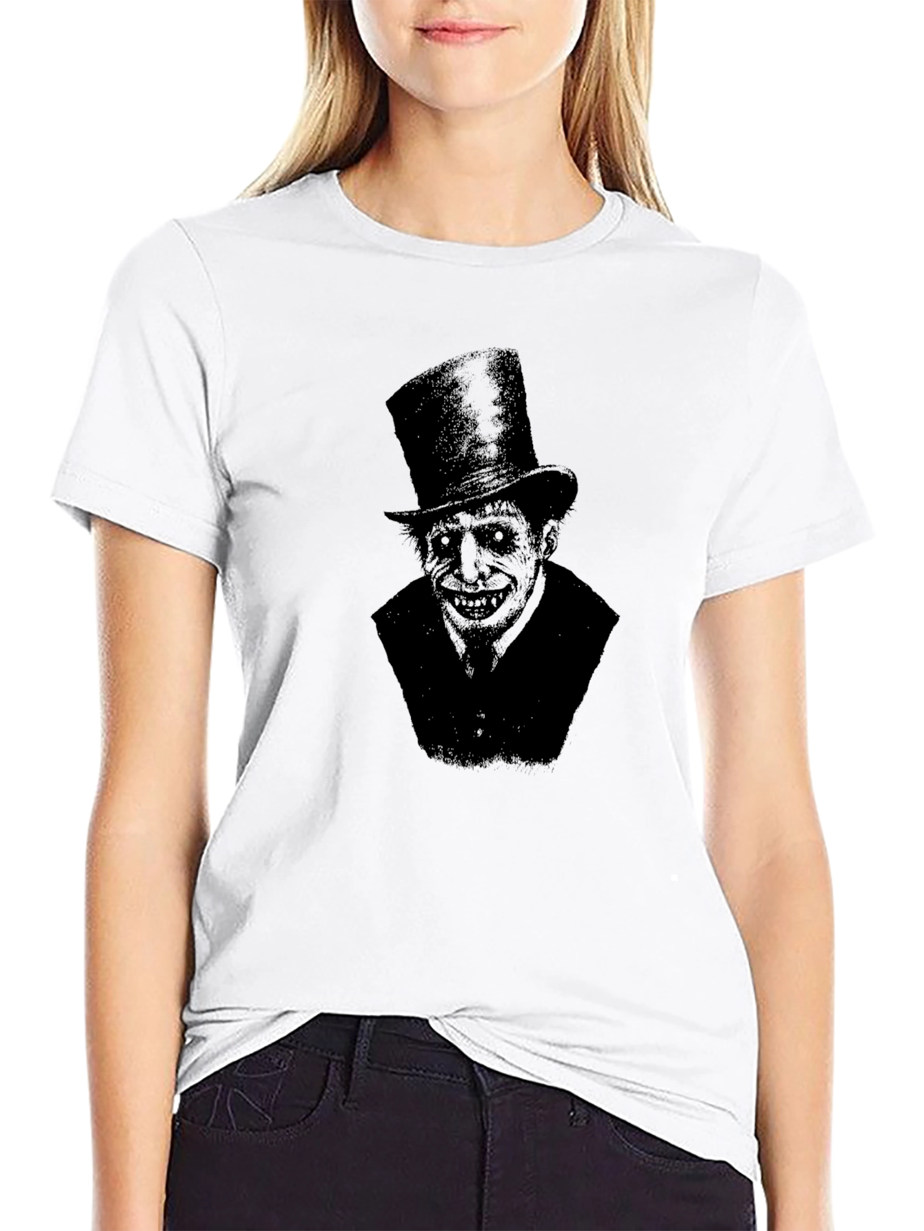 Black Creepy Top Hat Man Graphic T-Shirt - Black view 9