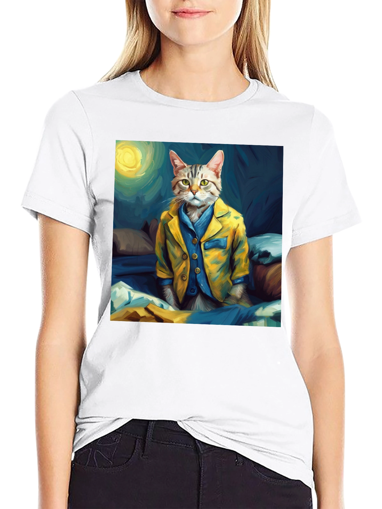 Black Cat in Pajamas T-Shirt - Artistic Animal Tee view 9