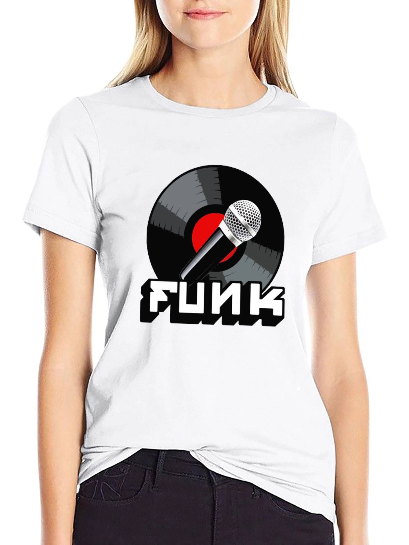 Black Funk Music T-Shirt with Microphone and Vinyl Record Design view 9