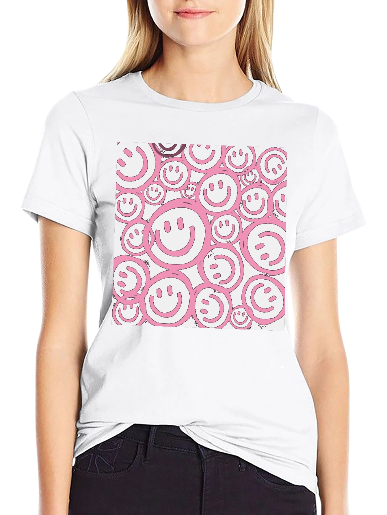 Black Pink Smiley Face Graphic Black T-Shirt view 9