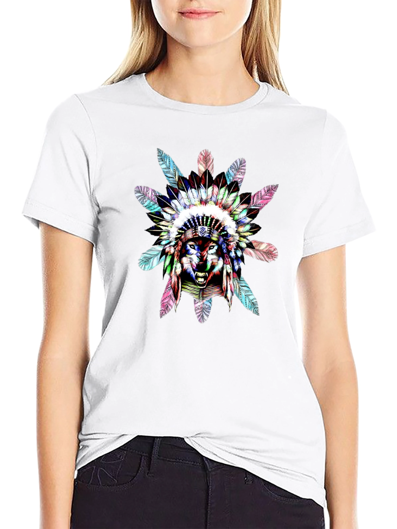 Black Wolf Headdress Graphic Black T-Shirt view 9