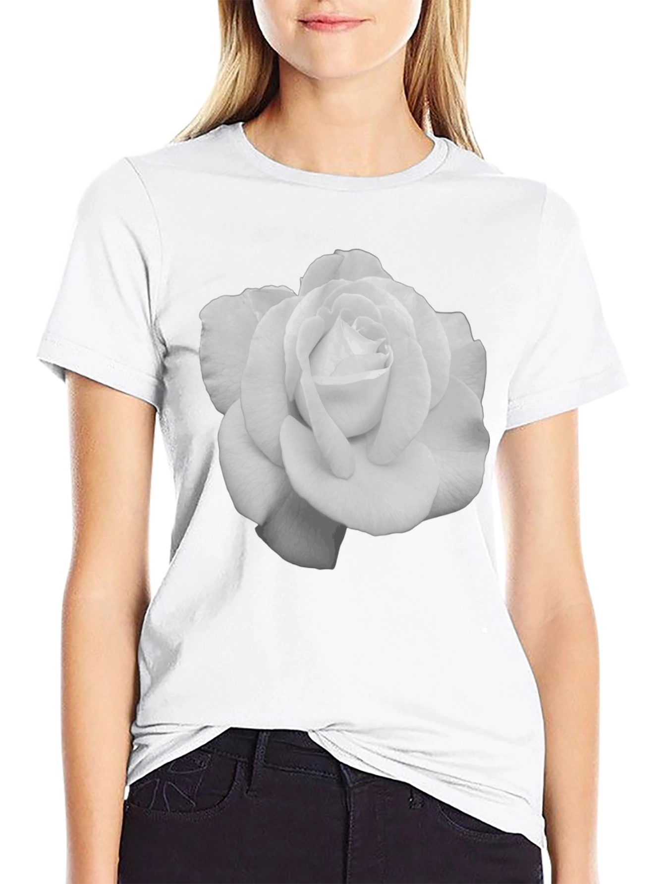 Black Elegant Rose Graphic Tee - Black Cotton T-Shirt view 9