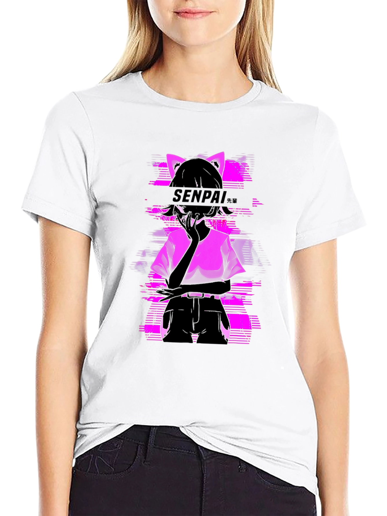 Black Senpai Anime Girl Graphic Tee - Black Cotton T-Shirt view 9