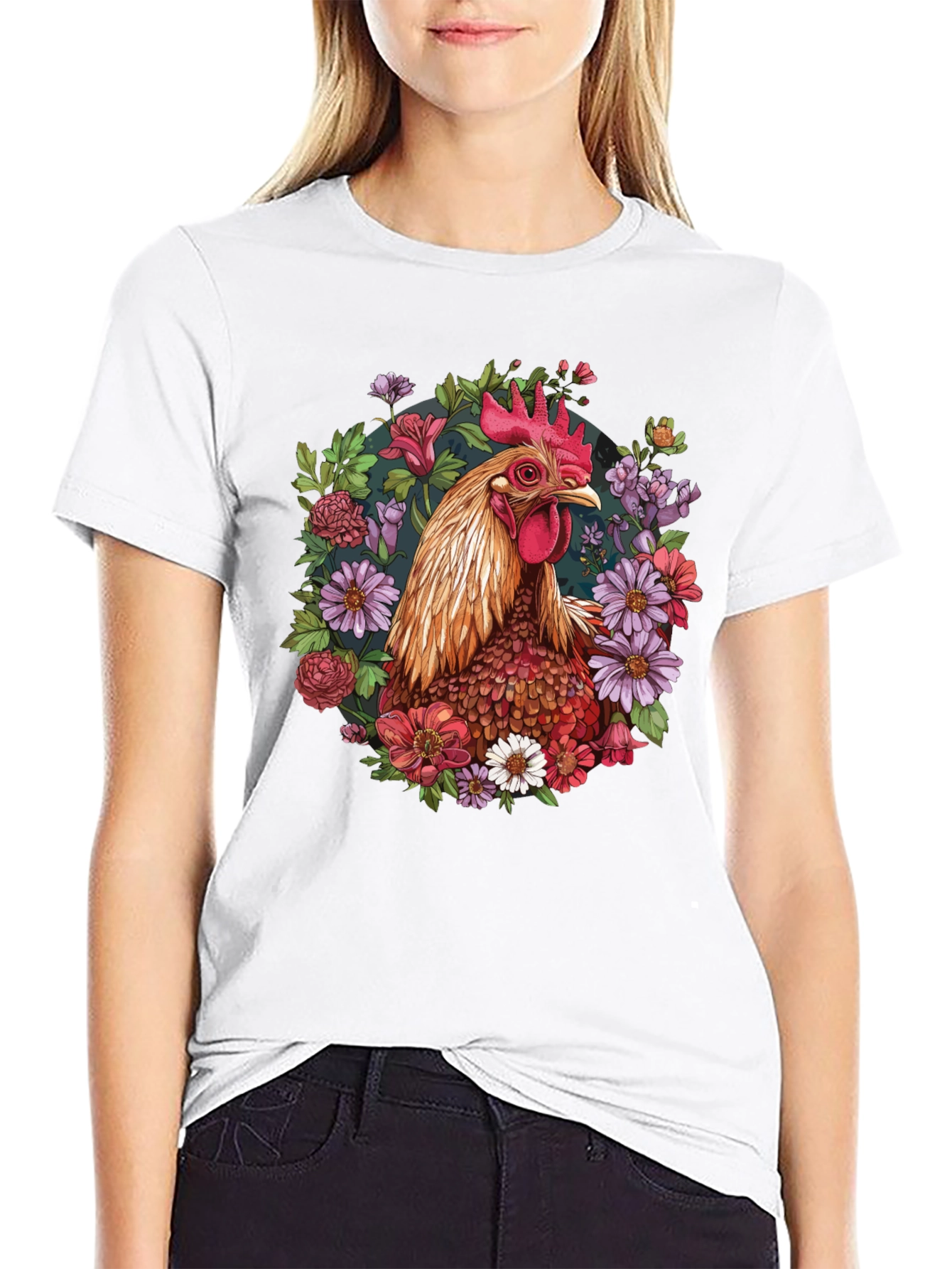 Black Rooster Floral T-Shirt - Unique Graphic Tee view 9