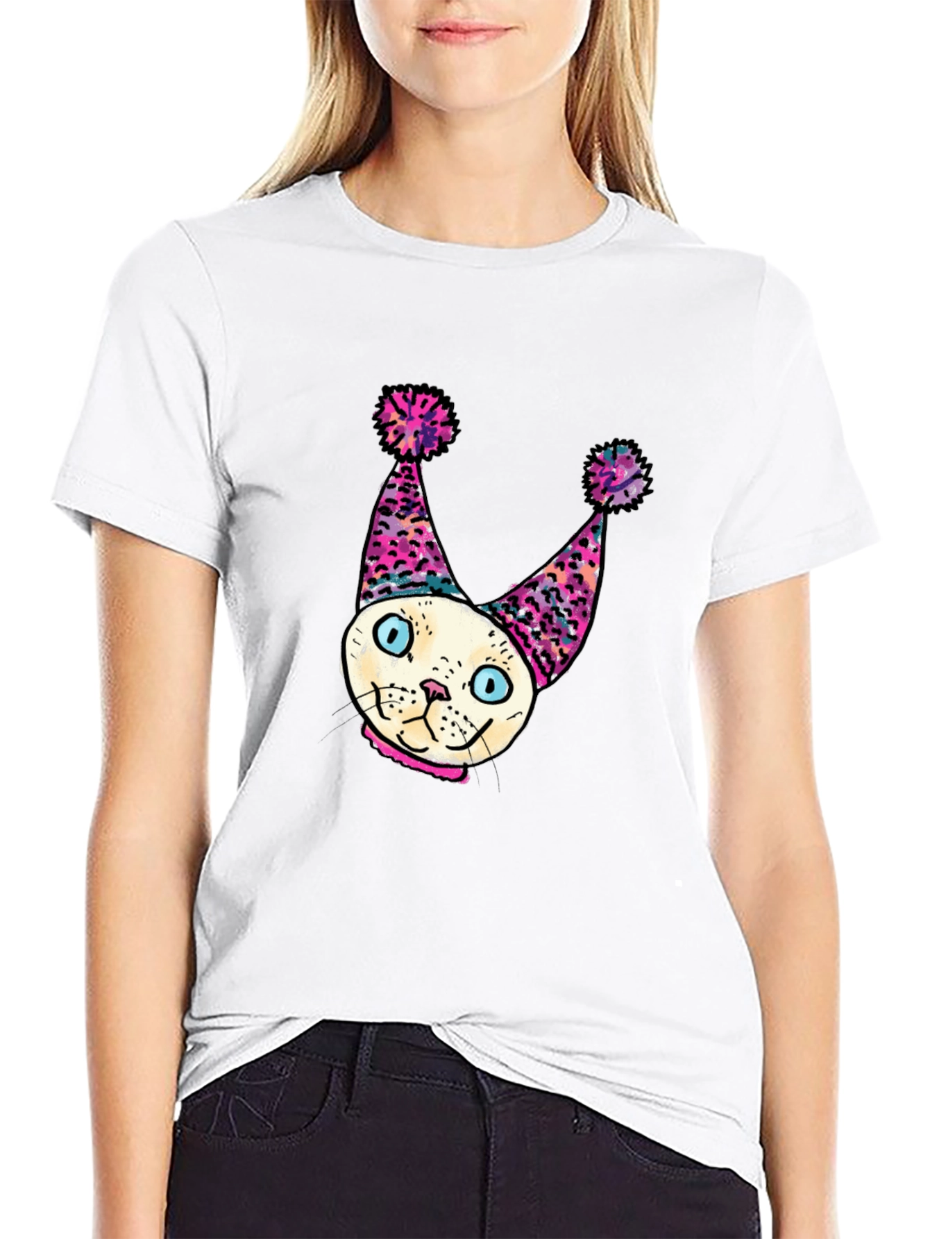 Black Whimsical Cat Clown T-Shirt - Unique Graphic Tee view 9