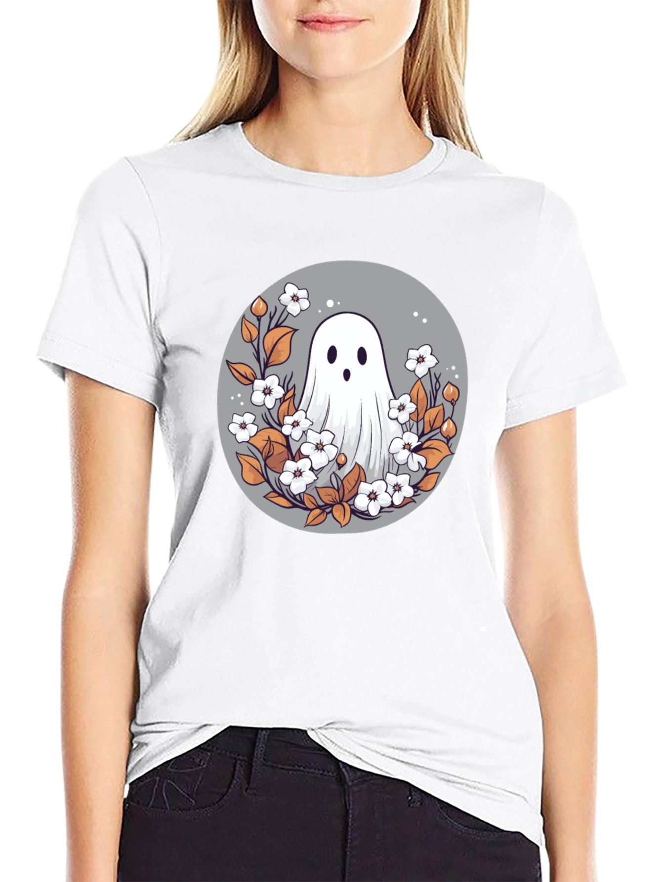 Black Ghostly Floral T-Shirt - Spooky Cute Design view 9