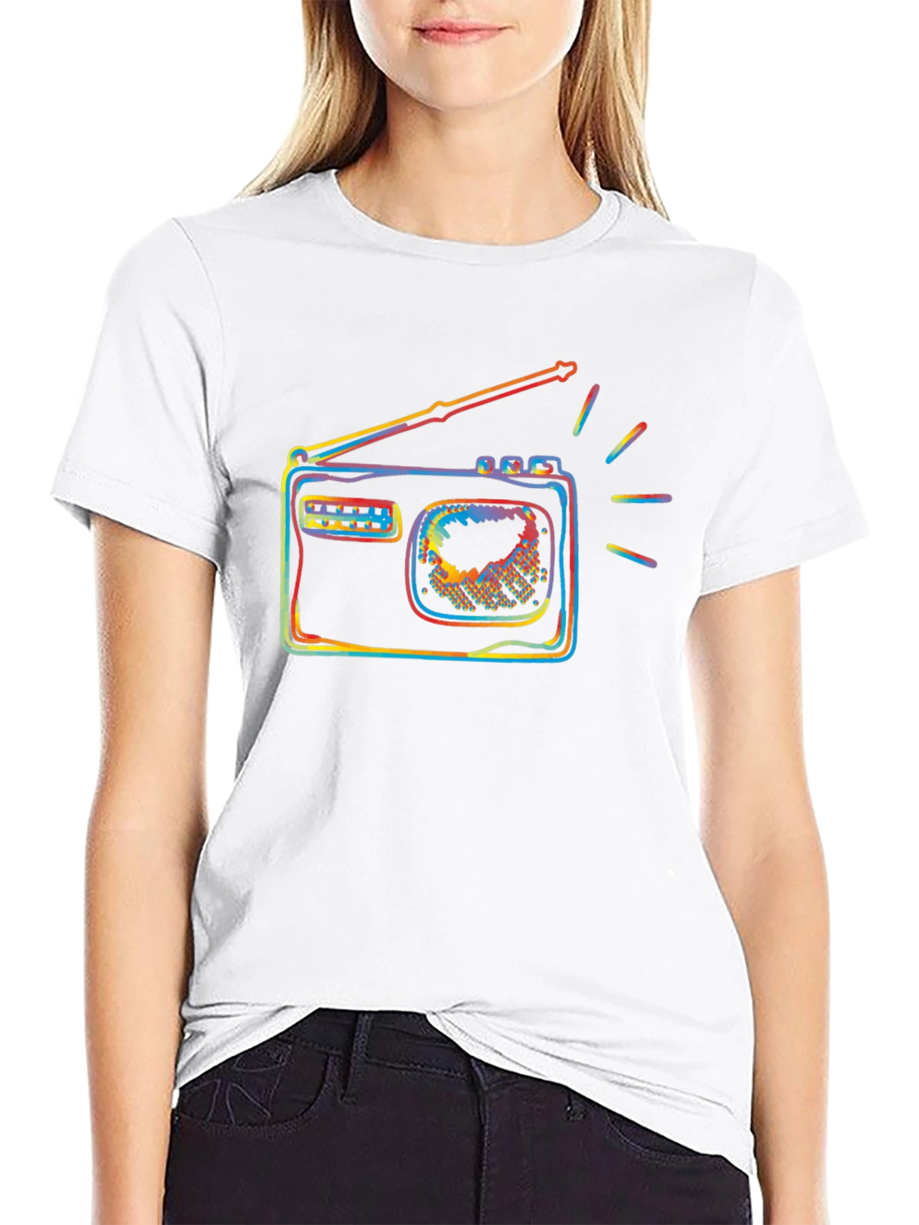Black Retro Radio Colorful Graphic Black T-Shirt view 9