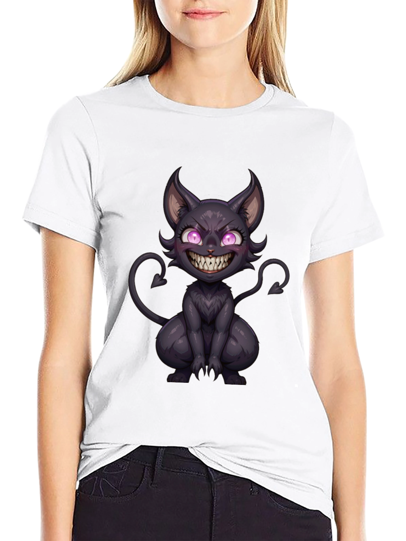 Black Men's Black T-Shirt with Devil Cat Graphic view 9