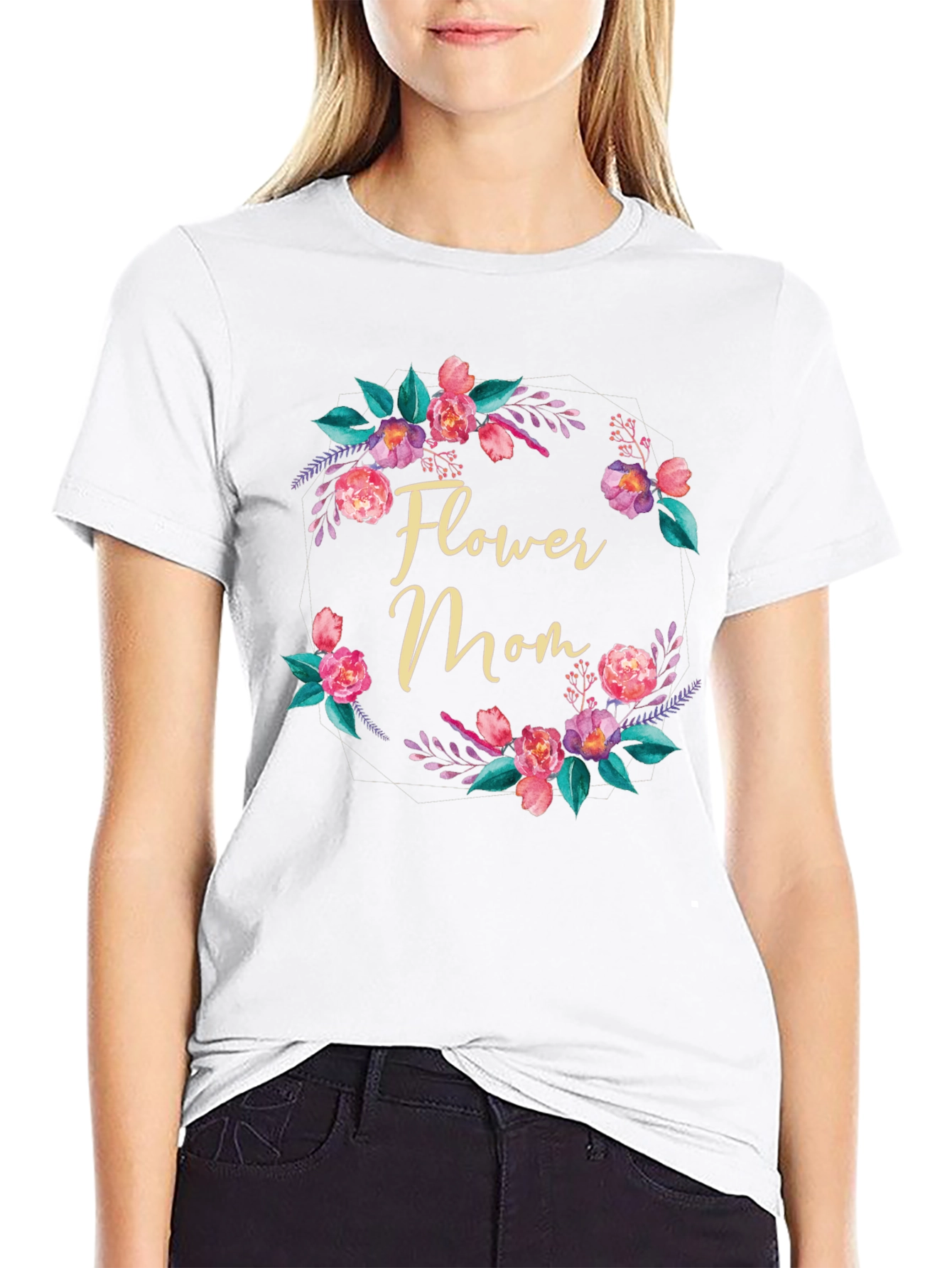 Black Flower Mom T-Shirt - Floral Wreath Design view 9