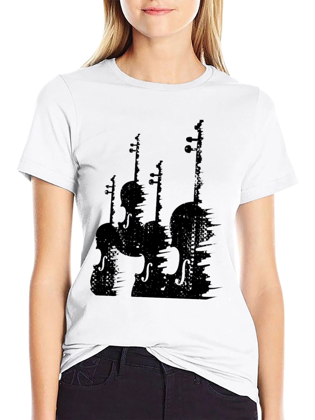 Black Silhouette Violins Graphic Tee - Black Cotton view 9