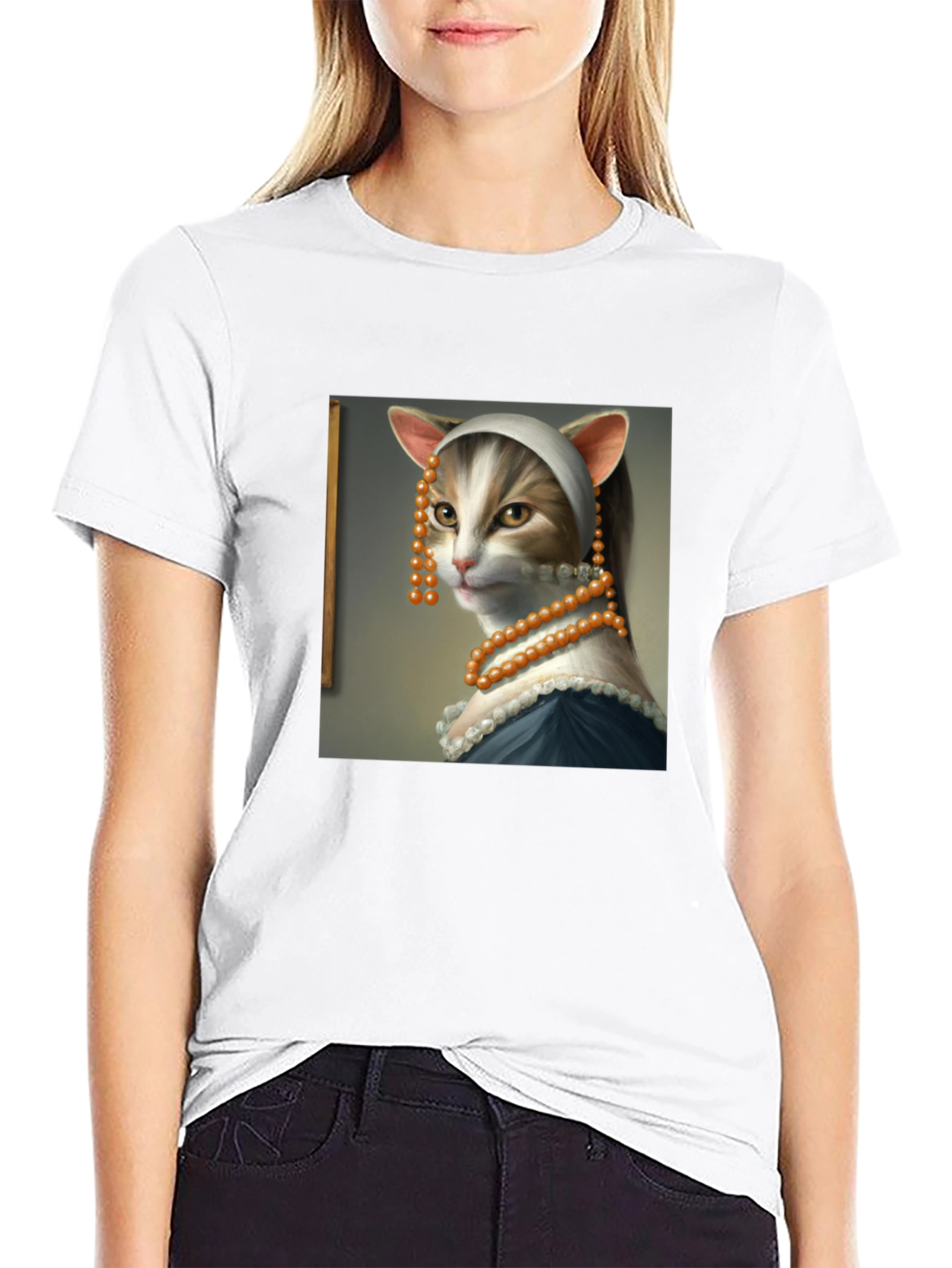 Black Cat with a Pearl Earring T-Shirt - Funny Art Tee view 9