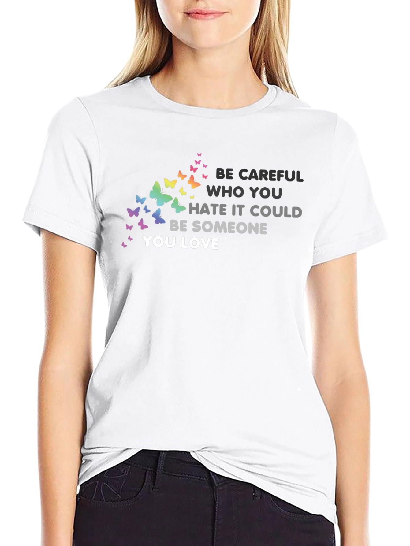 Black Be Careful T-Shirt: Butterfly Graphic Tee, Love & Acceptance view 9