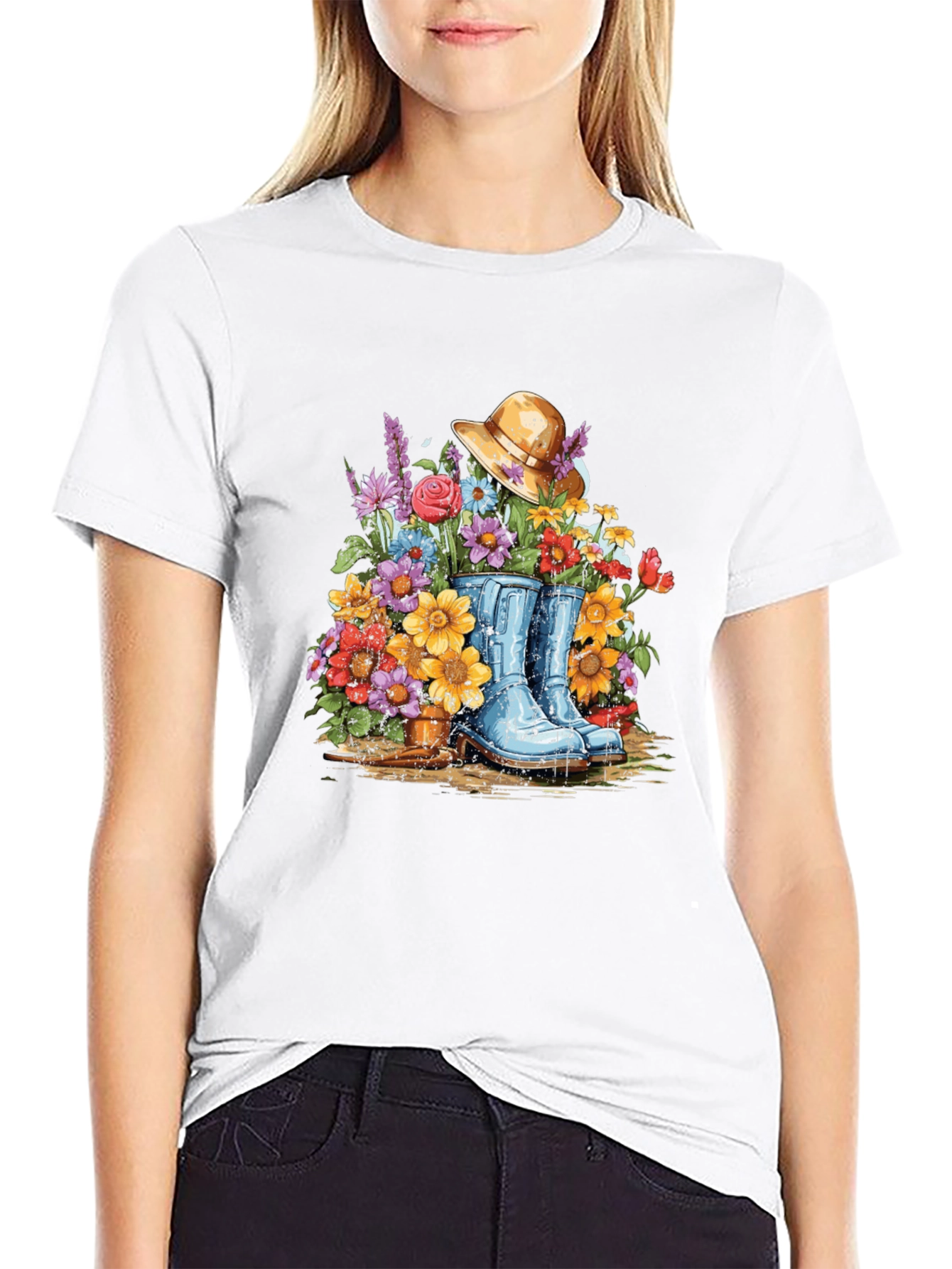 Black Floral Boot T-Shirt - Gardening Design view 9