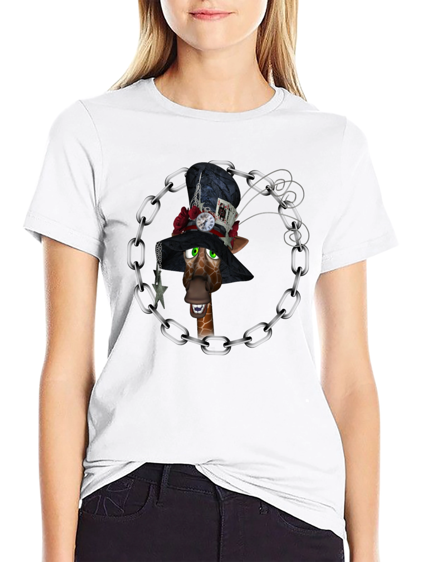 Giraffe Mad Hatter T-Shirt, Black Cotton Tee - 9