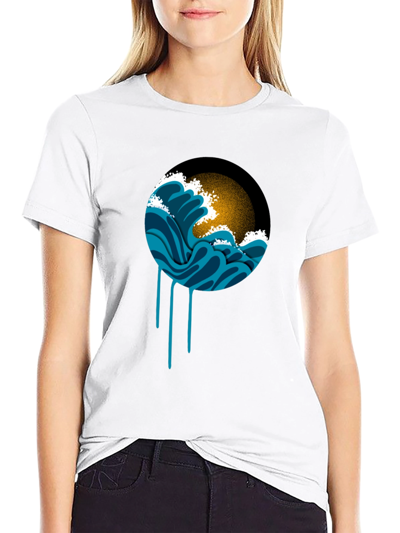 Black Ocean Wave Graphic Black T-Shirt view 9
