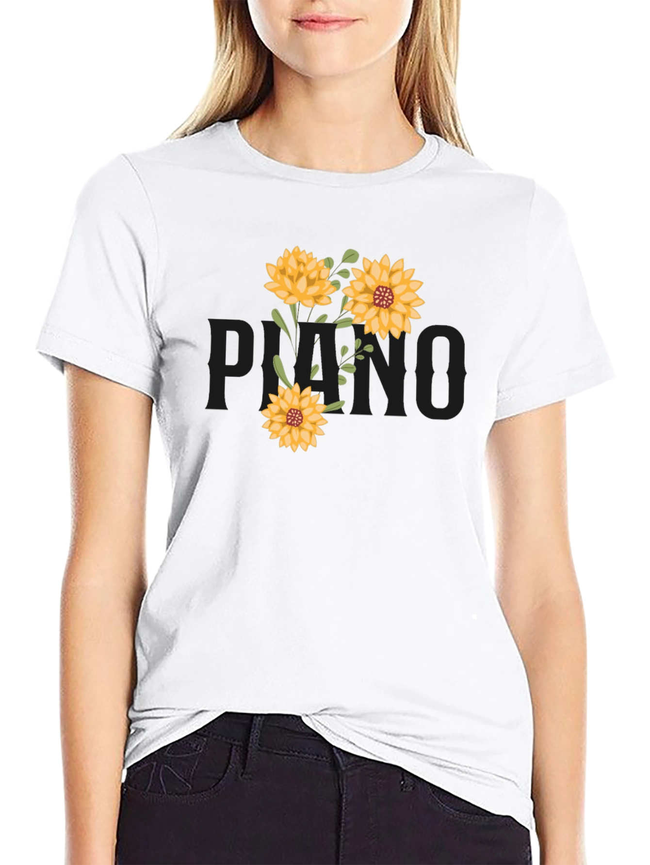 Black Floral T-Shirt - Black Cotton Tee with Sunflower Design view 9