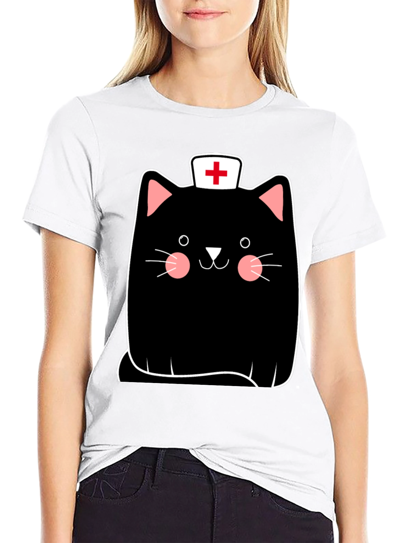 Black Nurse Cat Graphic Tee - Black Cotton T-Shirt view 9