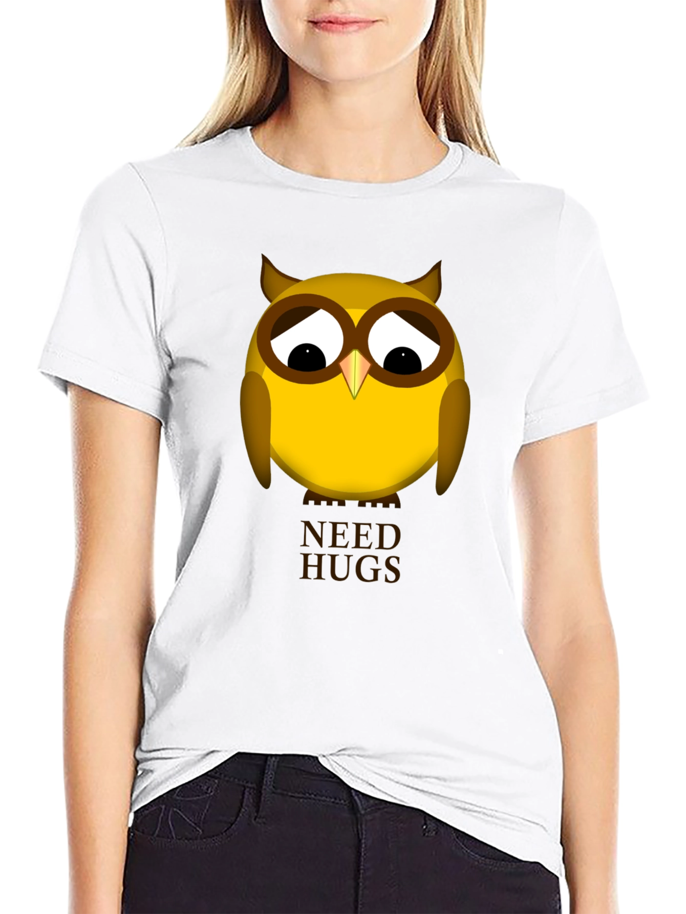 Black Sad Owl Needs Hugs Graphic T-Shirt - Unisex Black Tee view 9