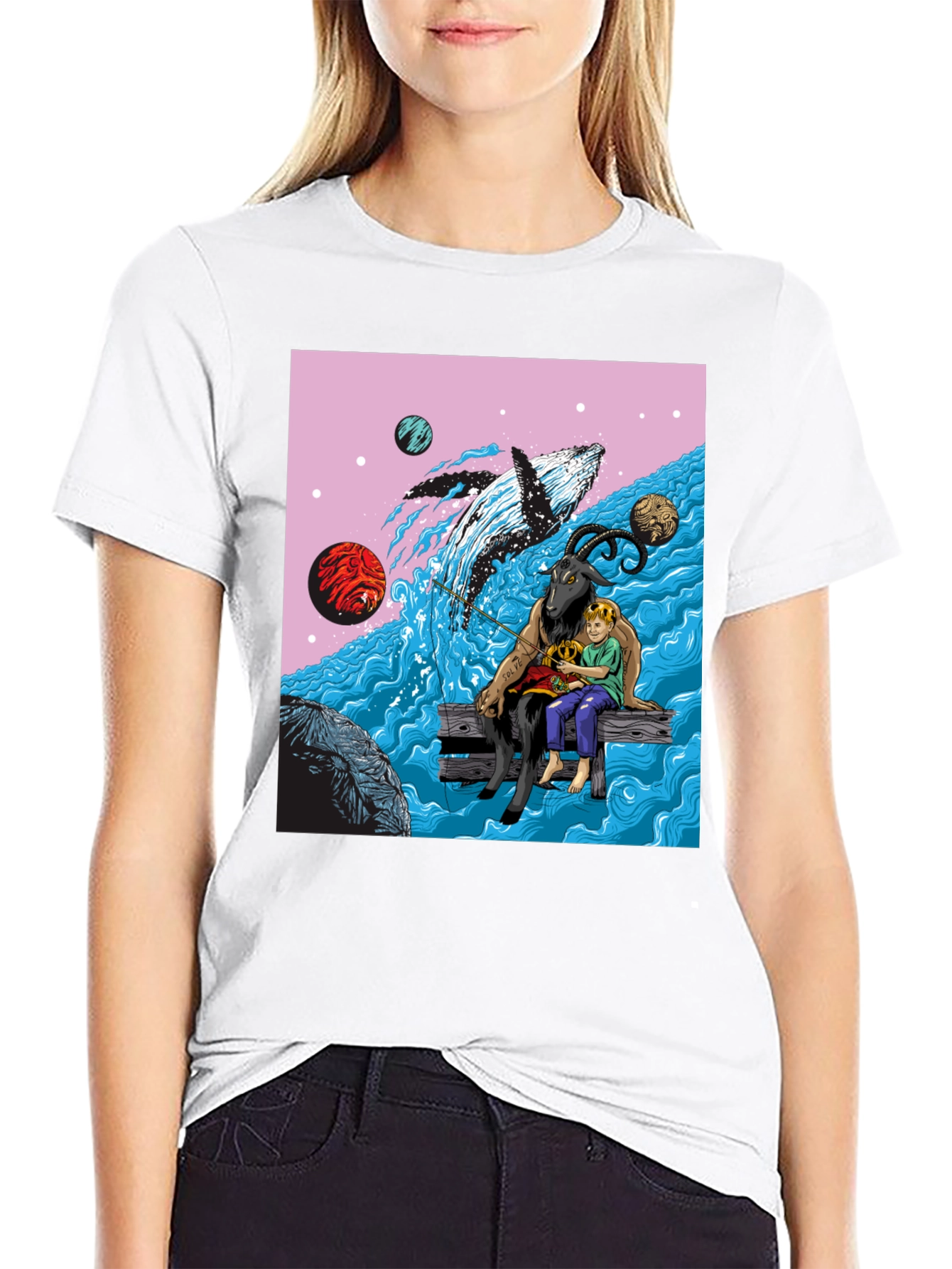 Black Whimsical Goat, Boy, and Whale Graphic Tee view 9