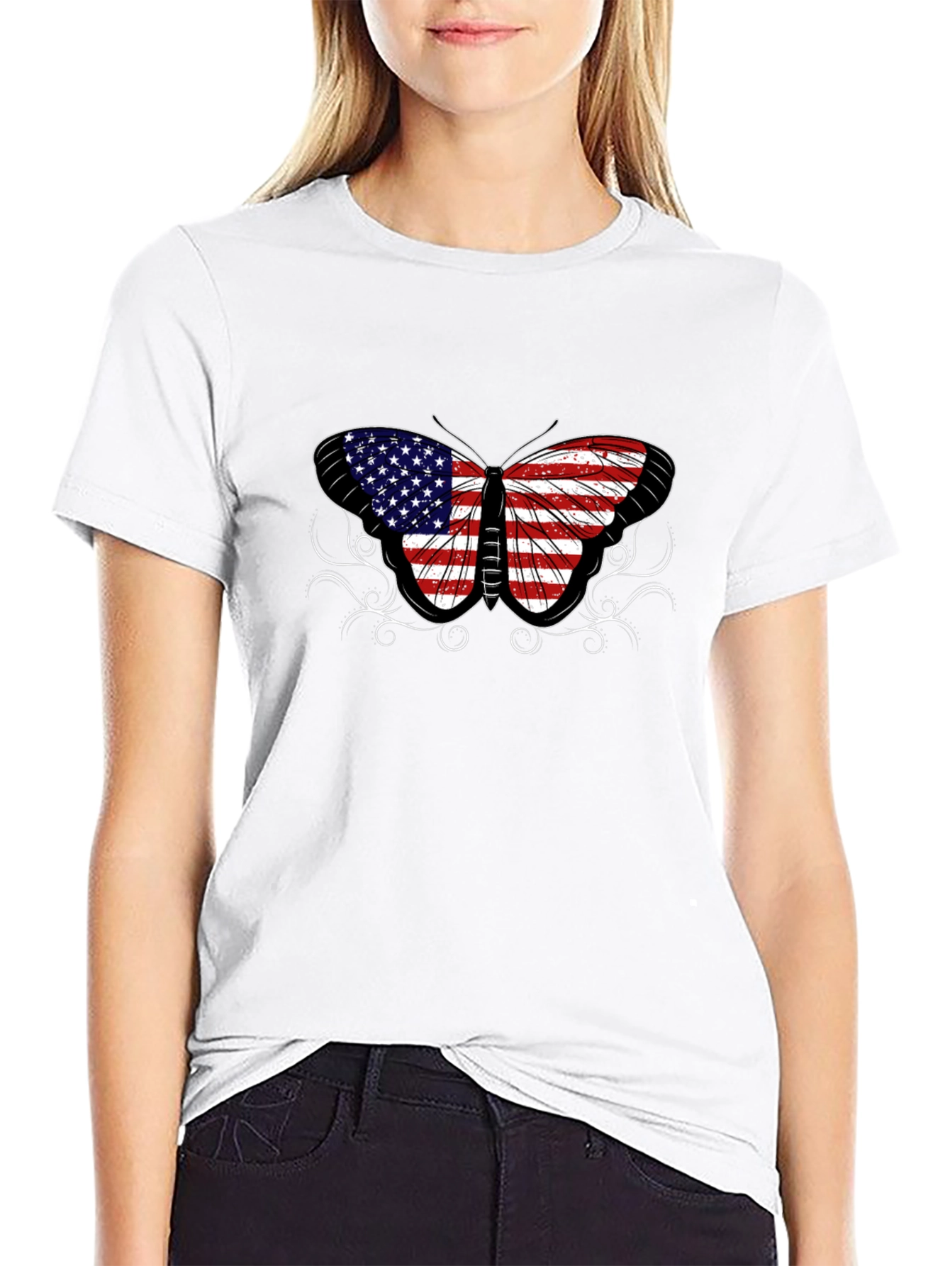Black American Flag Butterfly Graphic T-Shirt view 9