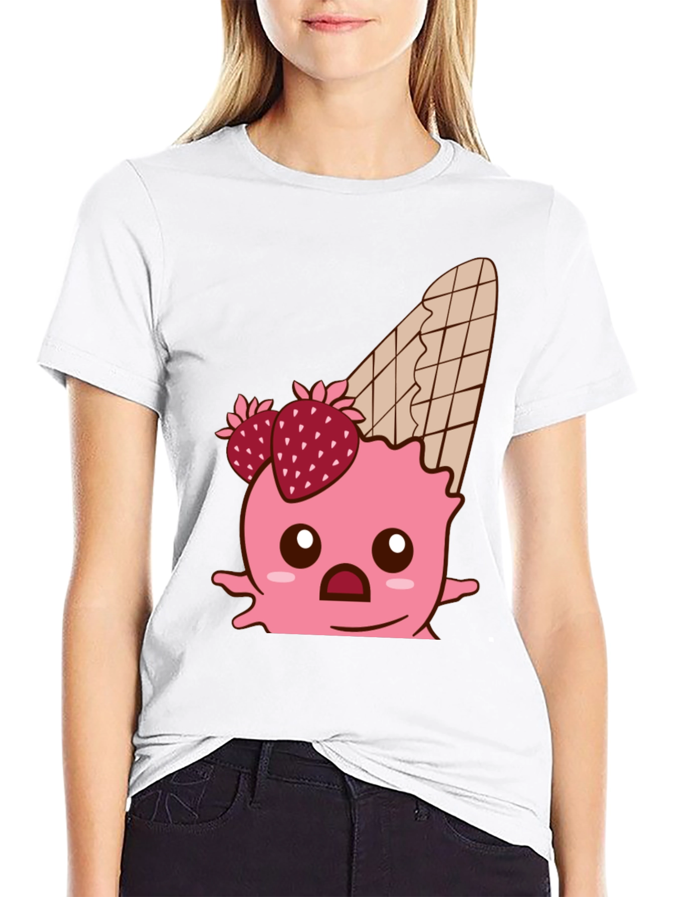 Black Kawaii Strawberry Ice Cream Cone Graphic Tee view 9
