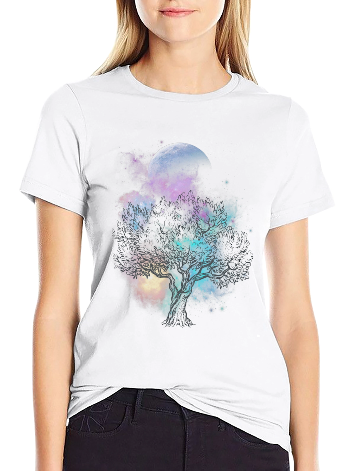 Black Celestial Tree Graphic T-Shirt - Black Cotton Tee view 9