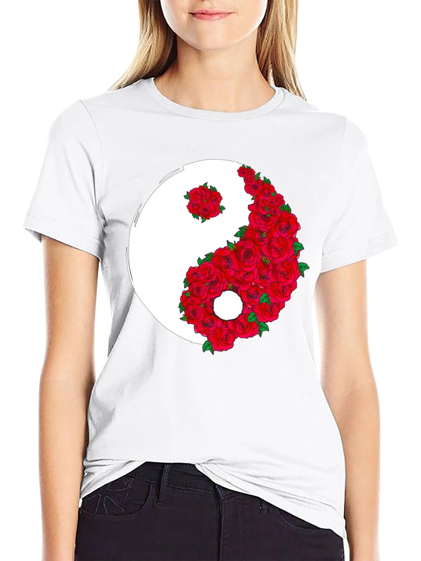 Black Yin Yang Rose Graphic T-Shirt view 9