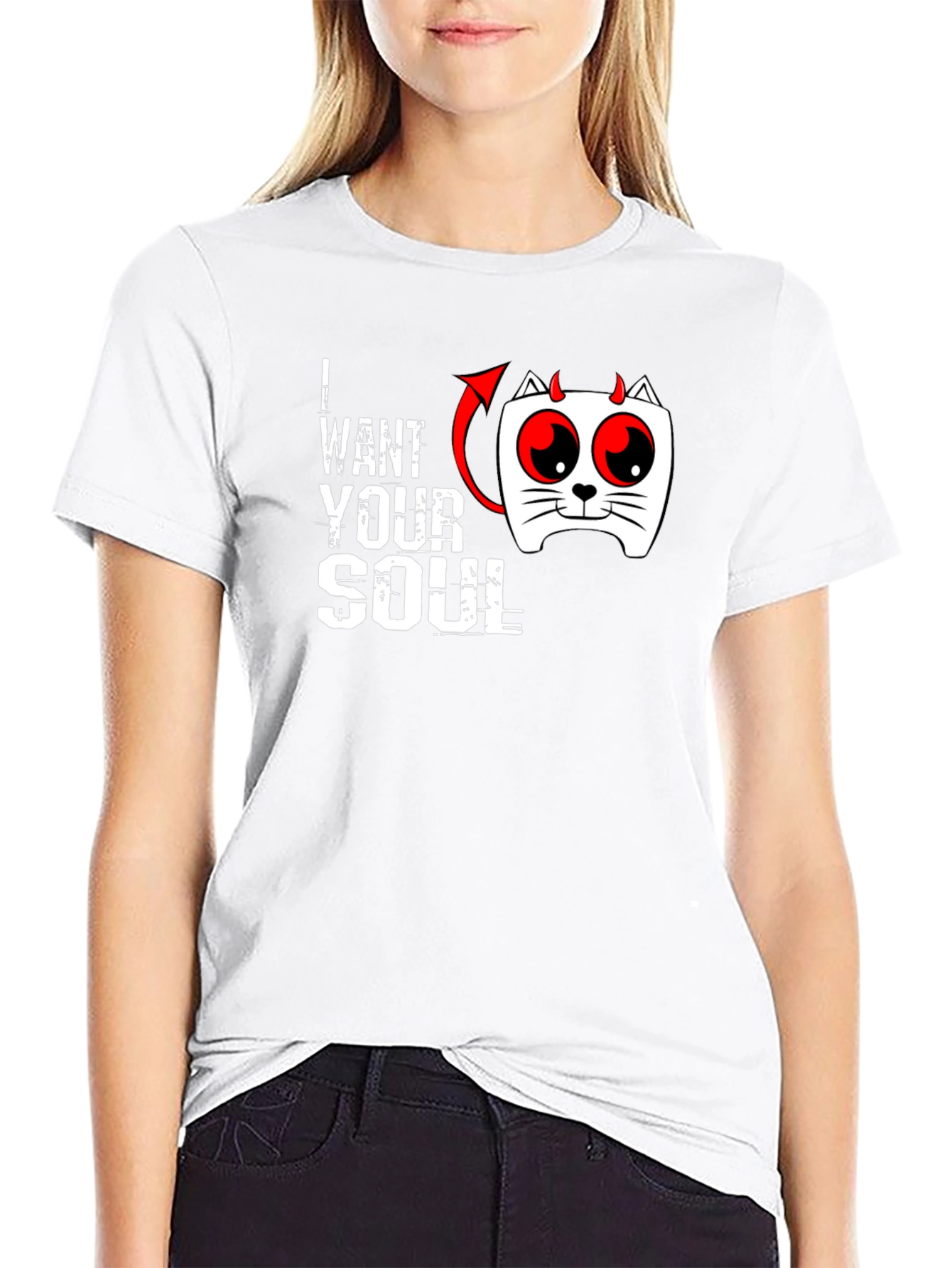 I Want Your Soul Cat Devil Graphic Black T-Shirt - 9