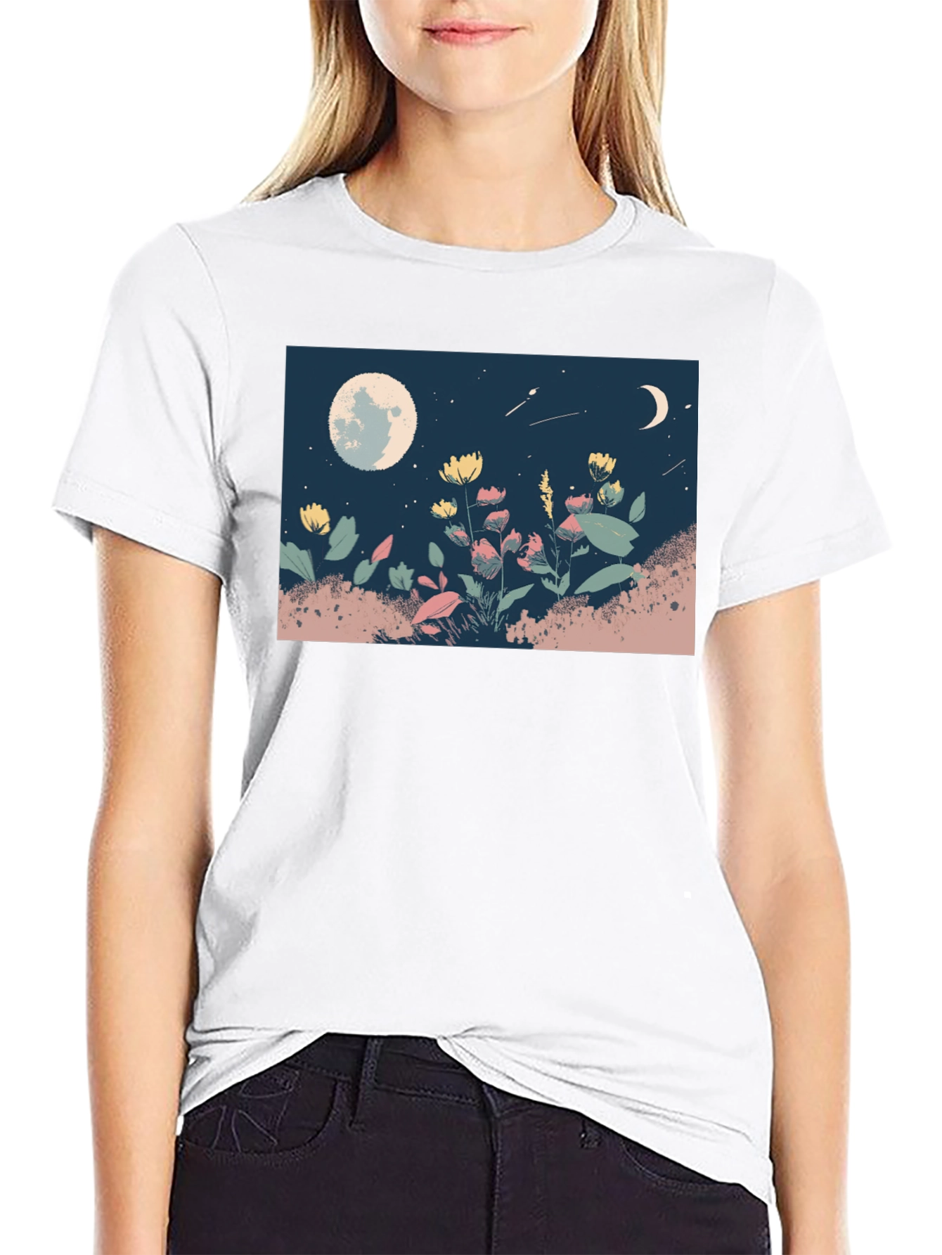 Moonlit Meadow Graphic Tee - Black Casual Shirt - 9