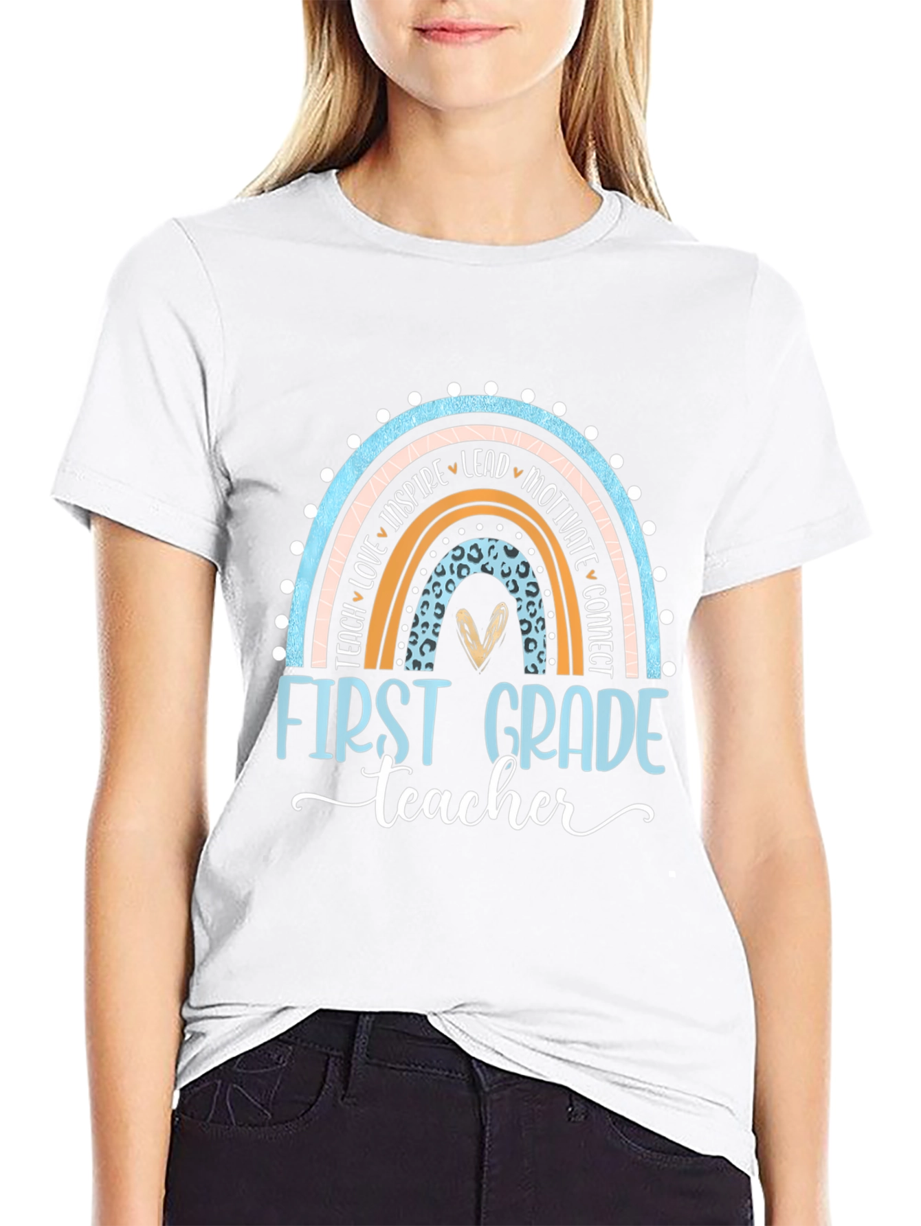 Black First Grade Teacher Rainbow T-Shirt view 9