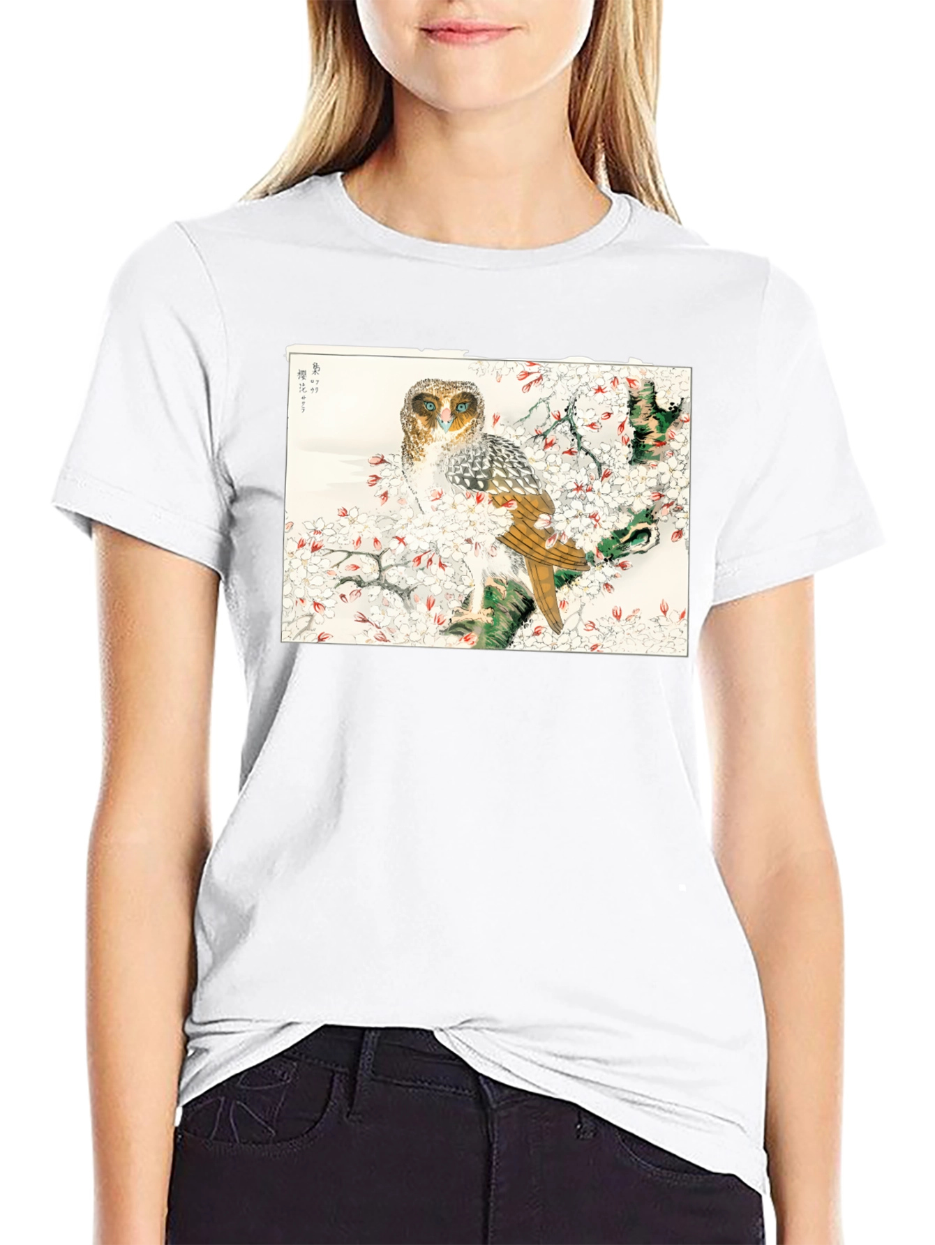 Black Owl and Cherry Blossom Art T-Shirt view 9