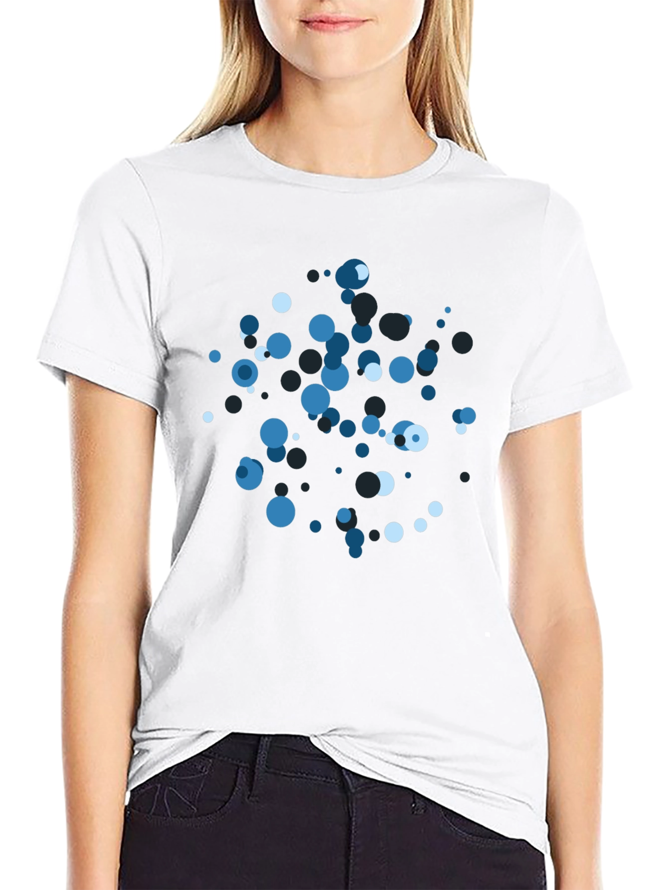 Black Abstract Blue Bubble Print Black T-Shirt view 9