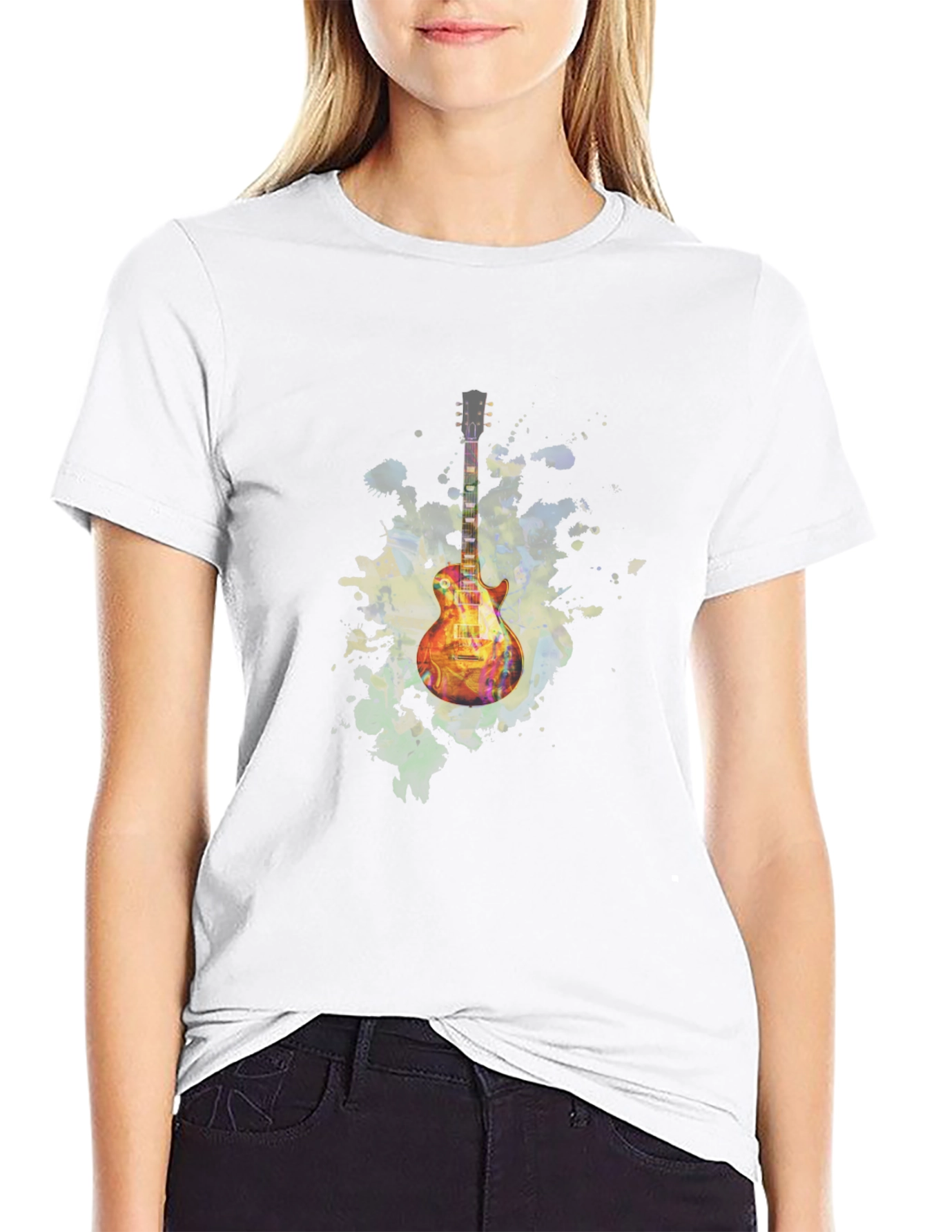 Black Electric Guitar Watercolor Graphic Tee view 9