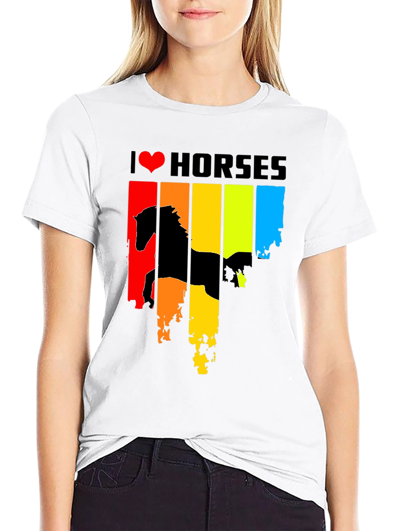 Black I Heart Horses Graphic Tee - Rainbow Horse Design view 9